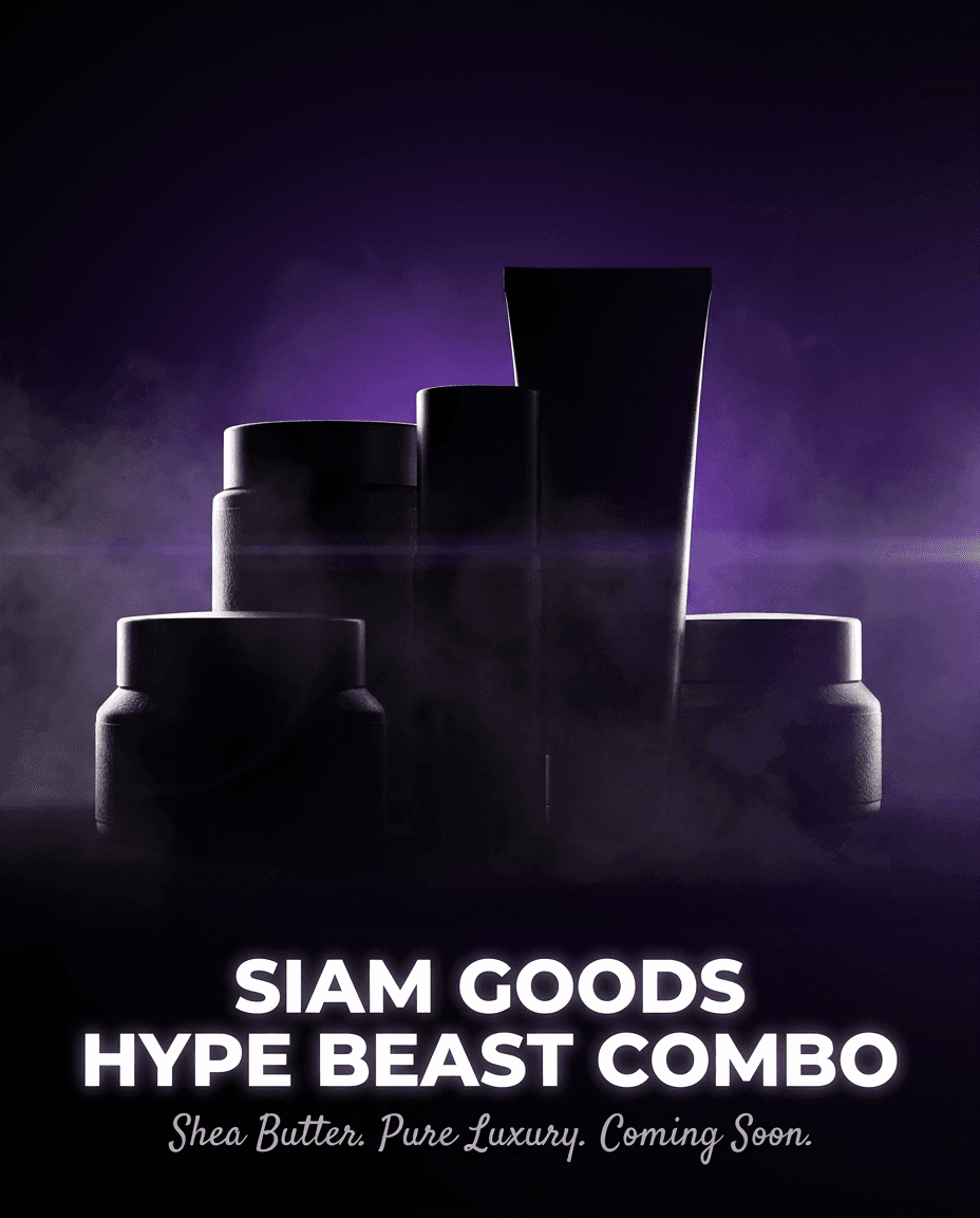 Mysterious teaser frame for Siam Goods: dramatic medium-pace lighting in HYPE BEAST COMBO, deep shadows with a single rim-light hinting at a product silhouette, premium gradient background using accent color #7c3aed, lens flare, atmospheric mist, importance of shea butter brand voice, ultra-detailed product-photography aesthetic