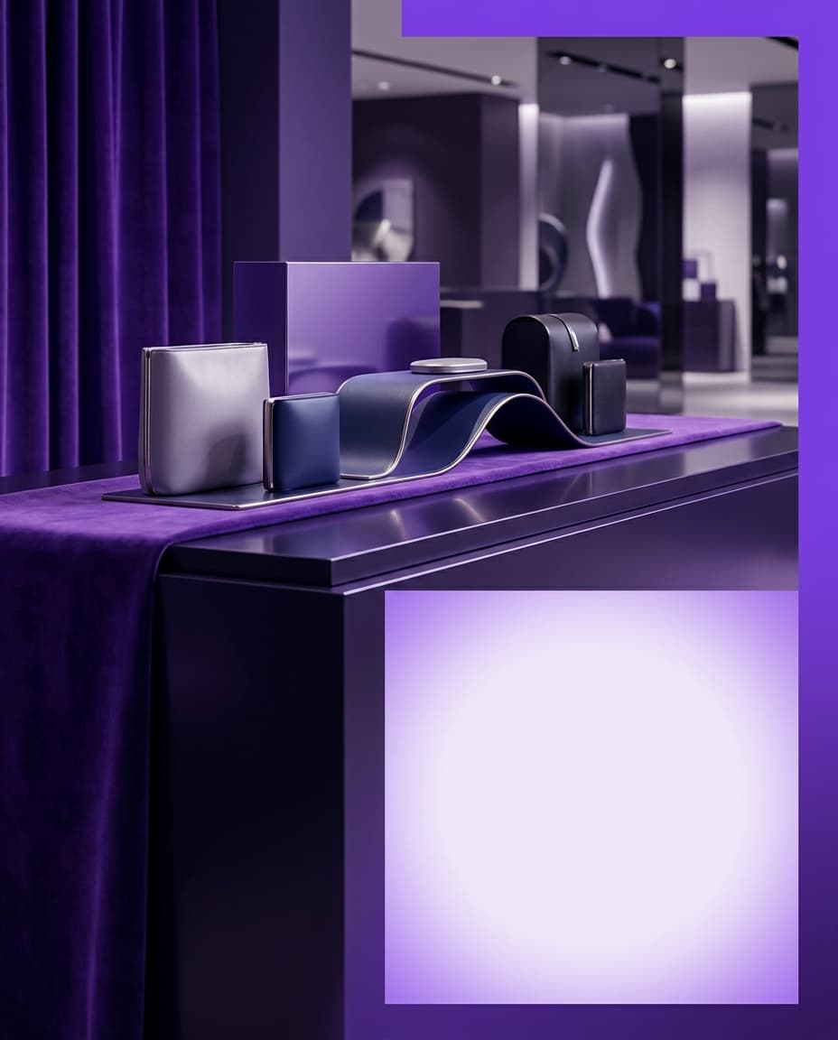 Final brand frame for Siam Goods: bold composition leaving space for a CTA, accent color #7c3aed dominating the palette, sleek modern aesthetic, medium-pace energy, premium editorial finish, no readable text