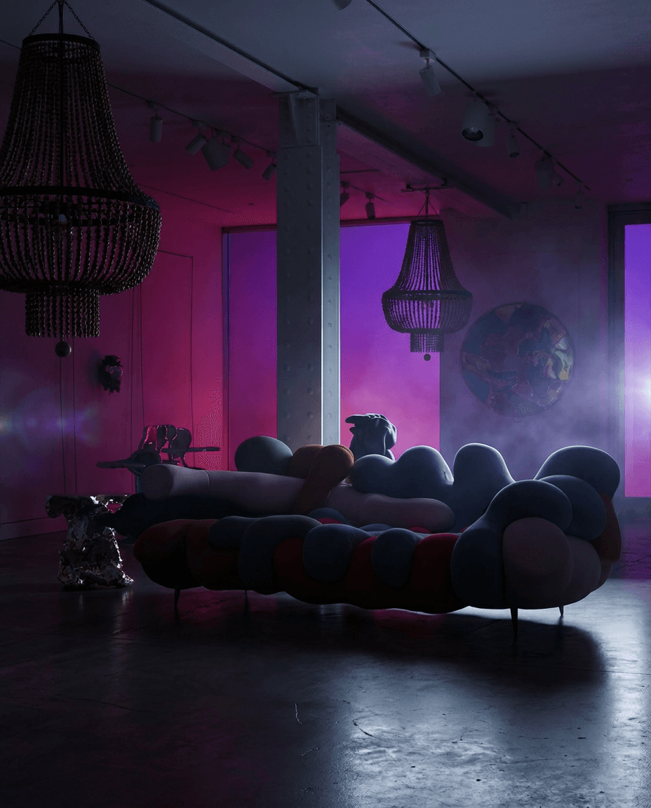 Mysterious teaser frame for Siam: dramatic medium-pace lighting in HYPE BEAST COMBO, deep shadows with a single rim-light hinting at a product silhouette, premium gradient background using accent color #7c3aed, lens flare, atmospheric mist,  brand voice, ultra-detailed product-photography aesthetic — preserve EXACT location identity: contemporary art gallery with white walls and exposed ceiling beams (indeterminate) — mixed soft and specular cool daylight light — white structural columns, polished concrete floors.