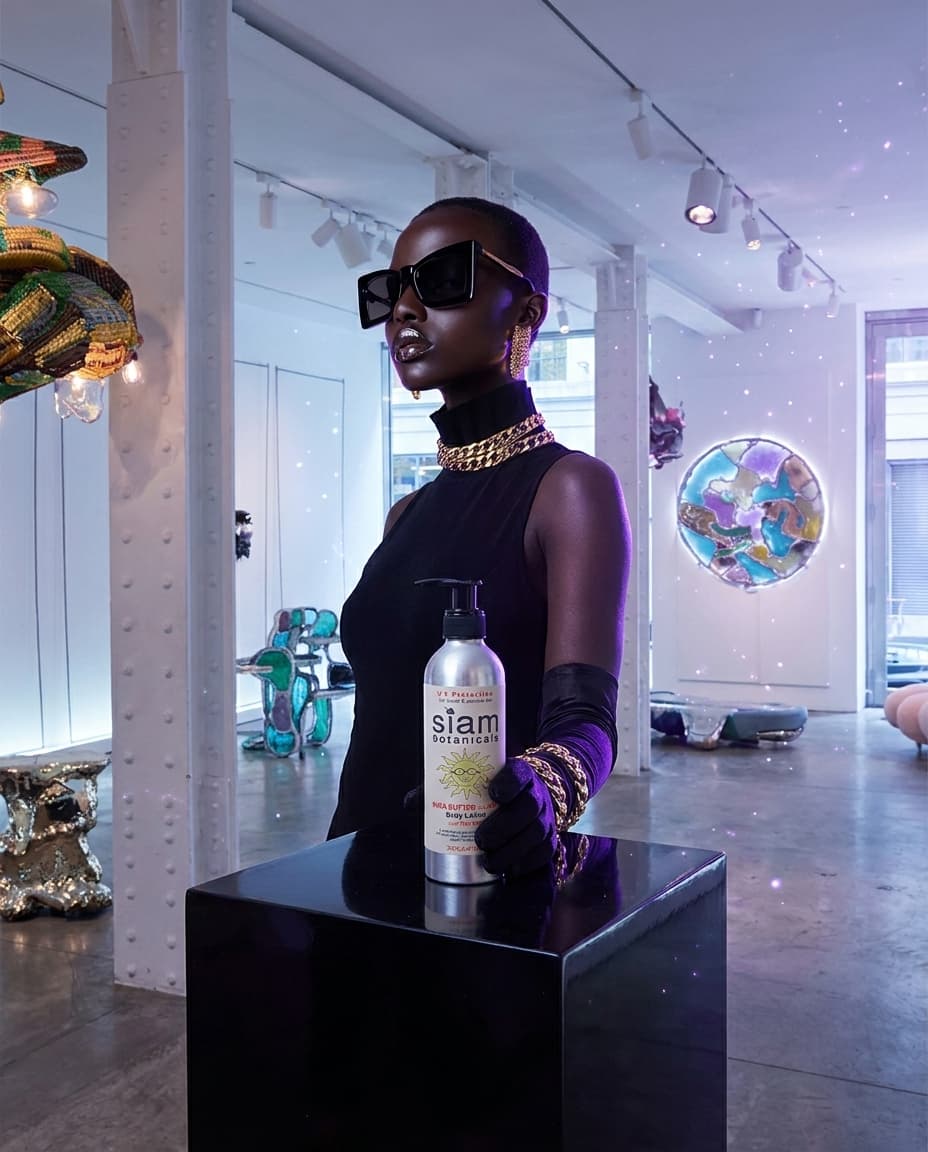 Cinematic hero product reveal in HYPE BEAST COMBO: MARINA presents the product centered on a premium pedestal, spokesperson appearance: MARINA, dramatic rim-lighting in accent color #7c3aed, sparkling particles, polished commercial photography, hyper-detailed, medium-pace energy, Siam aesthetic,  brand voice, no text overlays — preserve EXACT location identity: contemporary art gallery with white walls and exposed ceiling beams (indeterminate) — mixed soft and specular cool daylight light — white structural columns, polished concrete floors.

IMPORTANT - Maintain strict visual consistency for these characters:

Character "MARINA": 

Each character must look EXACTLY as described throughout all scenes. Pay attention to:
- Face structure and features
- Hair color, style, and length  
- Body type and proportions
- Clothing and accessories
- Any distinctive features or markings