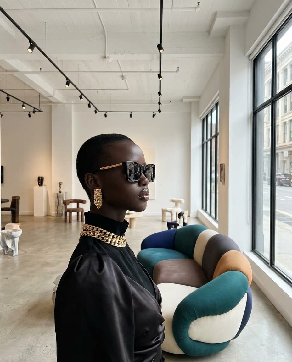 Lifestyle context shot setting the scene for Siam in HYPE BEAST COMBO: MARINA present naturally in the environment, soft natural daylight, hints of accent color #ffffff, medium-pace cinematic mood,  editorial photography, no visible logos, product is implied not shown — preserve EXACT location identity: contemporary art gallery with white walls and concrete floors displaying sculptural furniture installations (indeterminate) — mixed soft and directional cool daylight light — white exposed ceiling with black track lighting system, large floor-to-ceiling windows facing urban street.

IMPORTANT - Maintain strict visual consistency for these characters:

Character "MARINA": 

Each character must look EXACTLY as described throughout all scenes. Pay attention to:
- Face structure and features
- Hair color, style, and length  
- Body type and proportions
- Clothing and accessories
- Any distinctive features or markings

Keep the product as: product. Do not substitute the product with a different format (jar instead of bottle, tub instead of tin, plastic instead of glass, opened pack instead of sealed, etc.). Keep container kind, color, label, and visible text identical.