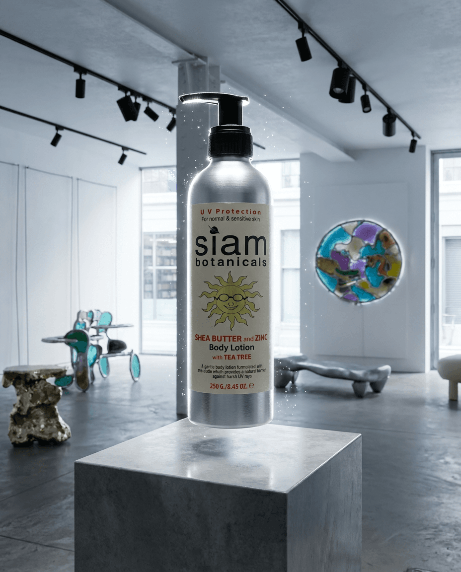 Cinematic hero product reveal in HYPE BEAST COMBO: product centered on a premium pedestal or floating in cleared space, dramatic rim-lighting in accent color #ffffff, sparkling particles, polished commercial photography, hyper-detailed, medium-pace energy, Siam aesthetic,  brand voice, , no text overlays — preserve EXACT location identity: contemporary art gallery with white walls and concrete floors displaying sculptural furniture installations (indeterminate) — mixed soft and directional cool daylight light — white exposed ceiling with black track lighting system, large floor-to-ceiling windows facing urban street.

Keep the product as: product. Do not substitute the product with a different format (jar instead of bottle, tub instead of tin, plastic instead of glass, opened pack instead of sealed, etc.). Keep container kind, color, label, and visible text identical.