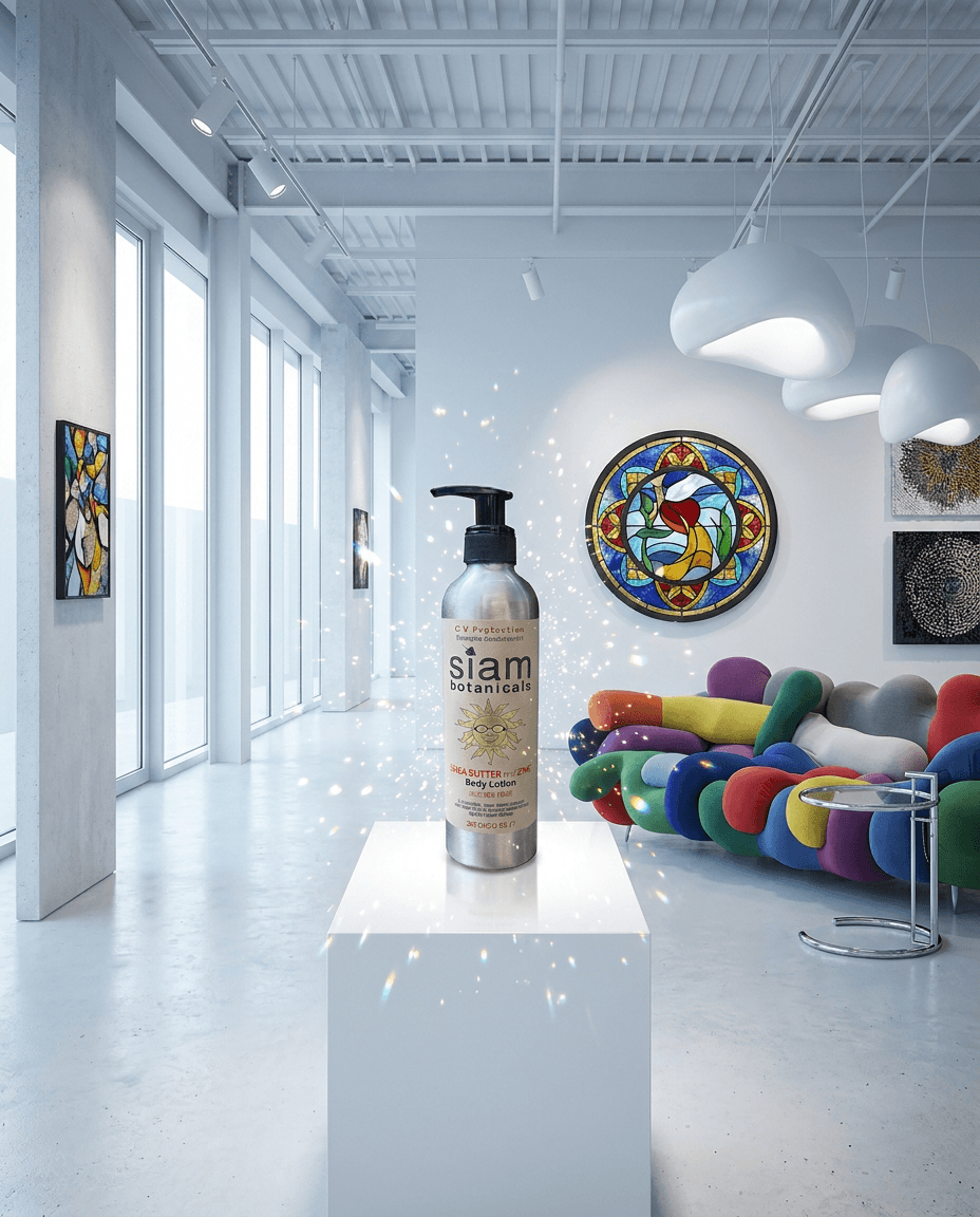 Cinematic hero product reveal in HYPE BEAST COMBO: product centered on a premium pedestal or floating in cleared space, sparkling particles, polished commercial photography, hyper-detailed, medium-pace energy, Siam aesthetic,  brand voice, , no text overlays — preserve EXACT location identity: contemporary art gallery showroom with sculptural furniture installations (indeterminate) — mixed directional and diffuse cool daylight light — white concrete columns, polished concrete floors.

Keep the product as: product. Do not substitute the product with a different format (jar instead of bottle, tub instead of tin, plastic instead of glass, opened pack instead of sealed, etc.). Keep container kind, color, label, and visible text identical.