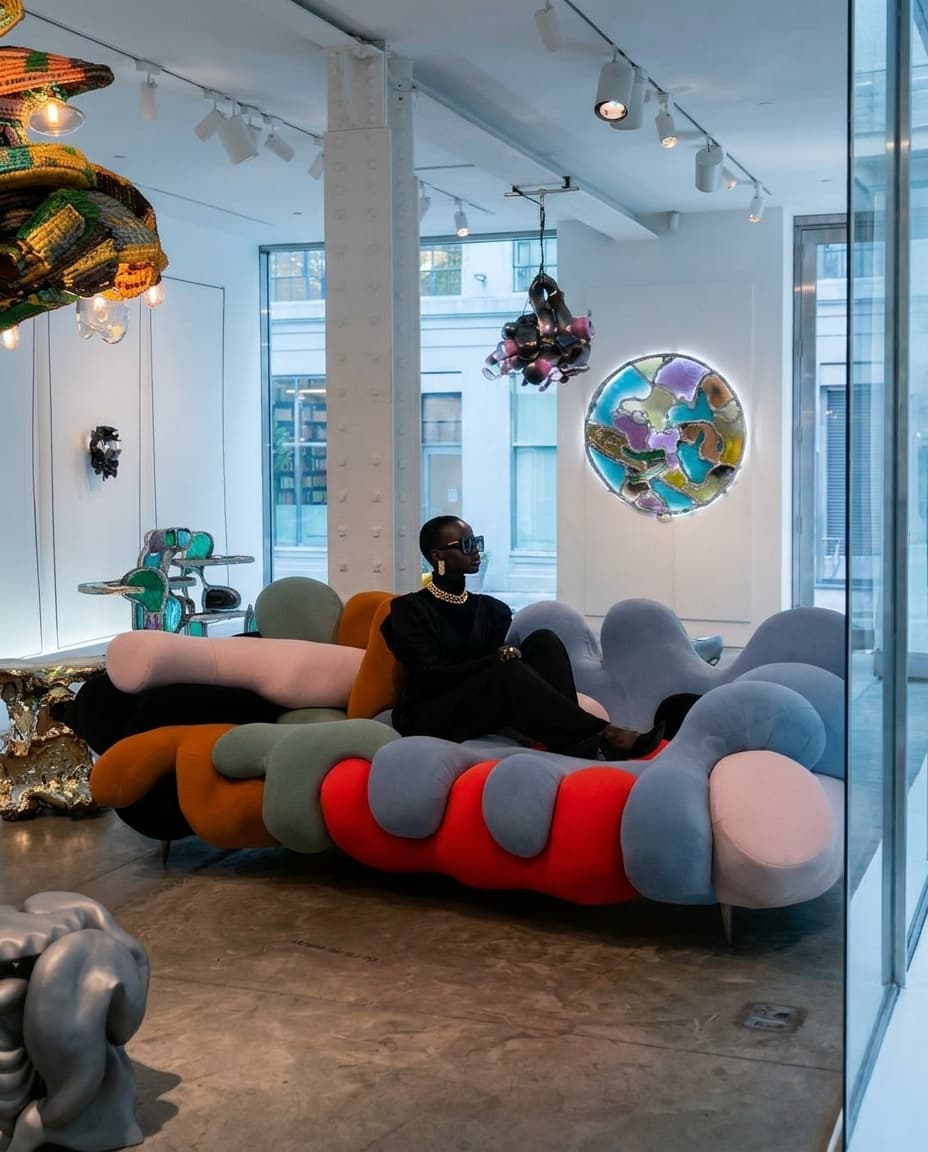 Lifestyle context shot setting the scene for Siam in HYPE BEAST COMBO: MARINA present naturally in the environment, soft natural daylight, medium-pace cinematic mood, Bold, Relatable editorial photography, no visible logos, product is implied not shown — preserve EXACT location identity: contemporary art gallery or design showroom with floor-to-ceiling windows facing urban street (indeterminate) — mixed soft daylight and focused spotlights cool daylight mixed with warm accent lighting light — white structural columns, polished concrete floors.

IMPORTANT - Maintain strict visual consistency for these characters:

Character "MARINA": 

Each character must look EXACTLY as described throughout all scenes. Pay attention to:
- Face structure and features
- Hair color, style, and length  
- Body type and proportions
- Clothing and accessories
- Any distinctive features or markings

Keep the product as: product. Do not substitute the product with a different format (jar instead of bottle, tub instead of tin, plastic instead of glass, opened pack instead of sealed, etc.). Keep container kind, color, label, and visible text identical.