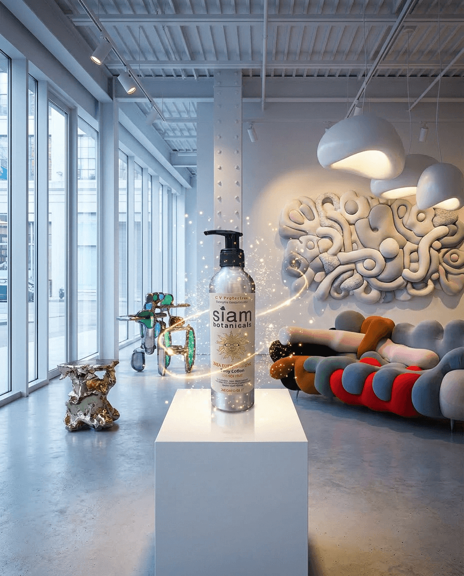 Cinematic hero product reveal in HYPE BEAST COMBO: product centered on a premium pedestal or floating in cleared space, sparkling particles, polished commercial photography, hyper-detailed, medium-pace energy, Siam aesthetic, Bold, Relatable brand voice, , no text overlays — preserve EXACT location identity: contemporary art gallery or design showroom with floor-to-ceiling windows facing urban street (indeterminate) — mixed soft daylight and focused spotlights cool daylight mixed with warm accent lighting light — white structural columns, polished concrete floors.

Keep the product as: product. Do not substitute the product with a different format (jar instead of bottle, tub instead of tin, plastic instead of glass, opened pack instead of sealed, etc.). Keep container kind, color, label, and visible text identical.
