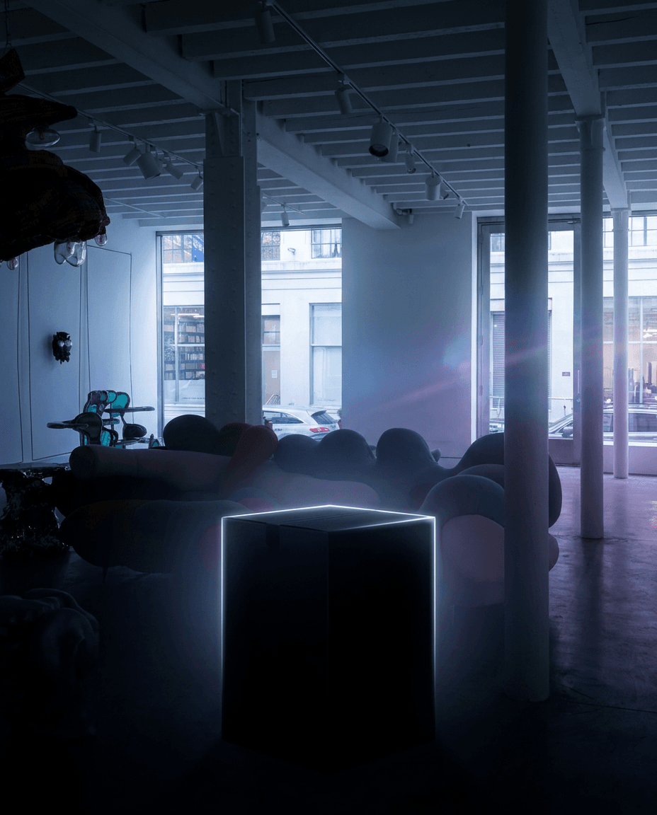 Mysterious teaser frame for SIAM: dramatic medium-pace lighting in HYPE BEAST COMBO, deep shadows with a single rim-light hinting at a product silhouette, premium gradient background, lens flare, atmospheric mist,  brand voice, ultra-detailed product-photography aesthetic, no readable text — preserve EXACT location identity: contemporary art gallery with floor-to-ceiling windows and sculptural seating (indeterminate) — mixed soft and hard cool daylight light — white exposed ceiling beams, cylindrical white support columns.

Keep the product as: product. Do not substitute the product with a different format (jar instead of bottle, tub instead of tin, plastic instead of glass, opened pack instead of sealed, etc.). Keep container kind, color, label, and visible text identical.
