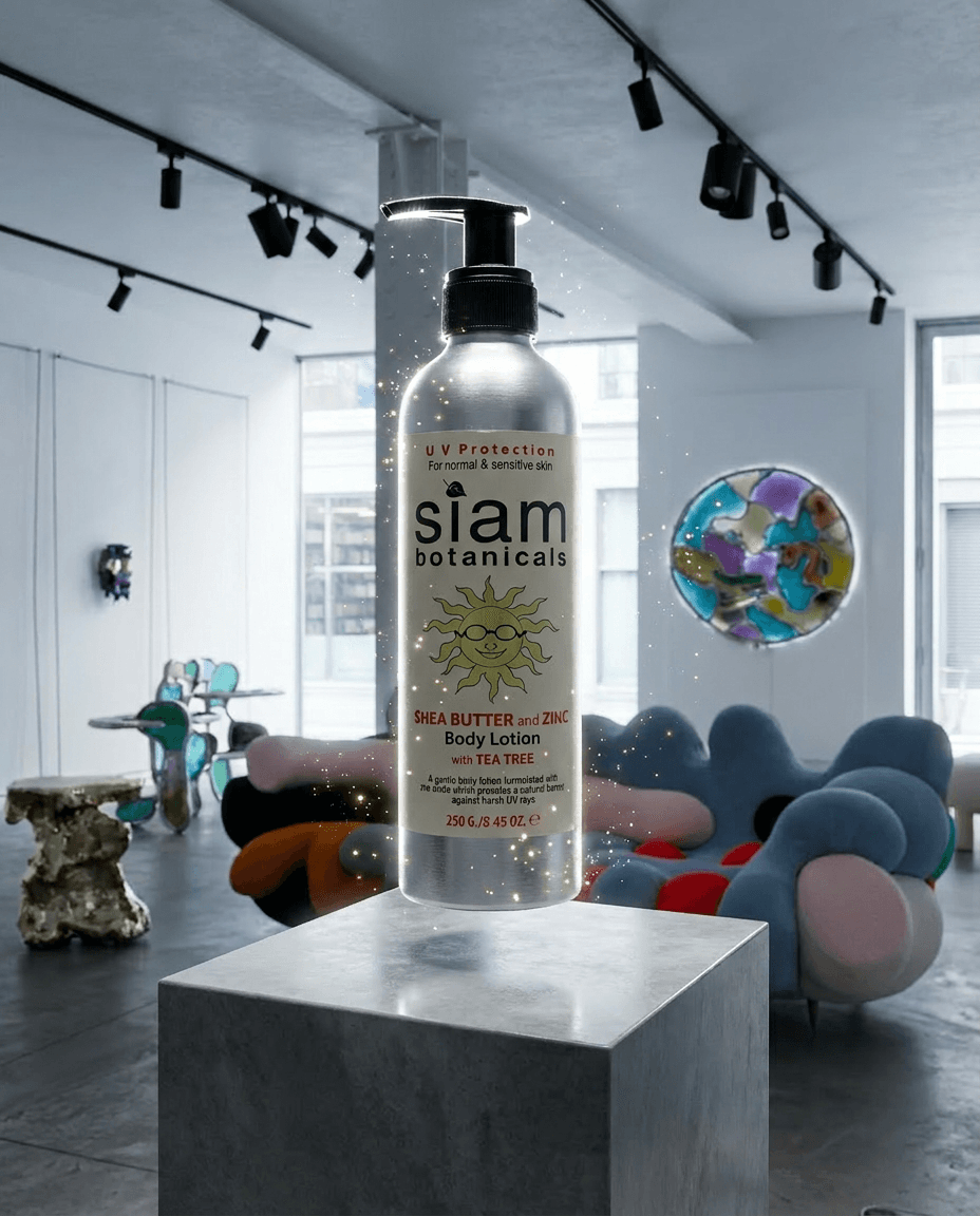 Cinematic hero product reveal in HYPE BEAST COMBO: product centered on a premium pedestal or floating in cleared space, sparkling particles, polished commercial photography, hyper-detailed, medium-pace energy, SIAM aesthetic,  brand voice, , no text overlays — preserve EXACT location identity: contemporary art gallery with floor-to-ceiling windows and sculptural seating (indeterminate) — mixed soft and hard cool daylight light — white exposed ceiling beams, cylindrical white support columns.

Keep the product as: product. Do not substitute the product with a different format (jar instead of bottle, tub instead of tin, plastic instead of glass, opened pack instead of sealed, etc.). Keep container kind, color, label, and visible text identical.