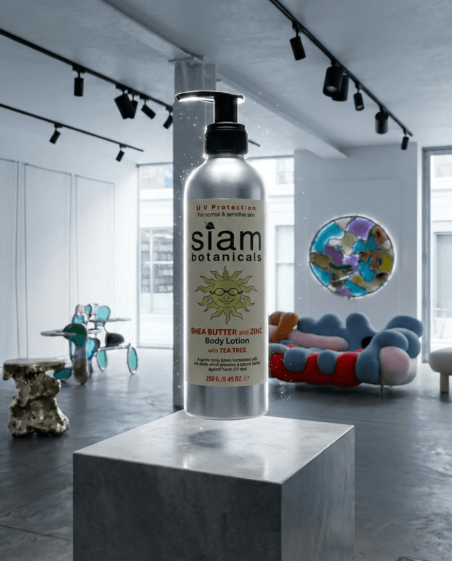 Final brand frame for SIAM: bold composition leaving space for a wordmark / CTA, sleek modern aesthetic, medium-pace energy, premium editorial finish, no readable text in the frame itself — preserve EXACT location identity: contemporary art gallery with floor-to-ceiling windows and sculptural seating (indeterminate) — mixed soft and hard cool daylight light — white exposed ceiling beams, cylindrical white support columns.

Keep the product as: product. Do not substitute the product with a different format (jar instead of bottle, tub instead of tin, plastic instead of glass, opened pack instead of sealed, etc.). Keep container kind, color, label, and visible text identical.