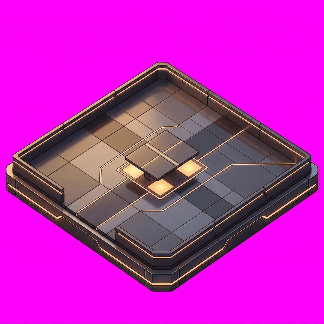 Remove ALL furniture, desks, computers, monitors, chairs, machines, cabinets, plants and objects from this isometric floor. Keep the empty rooms, floor, walls and gold trim EXACTLY the same — identical camera angle, perspective and layout. Output the same isometric floor, completely empty.