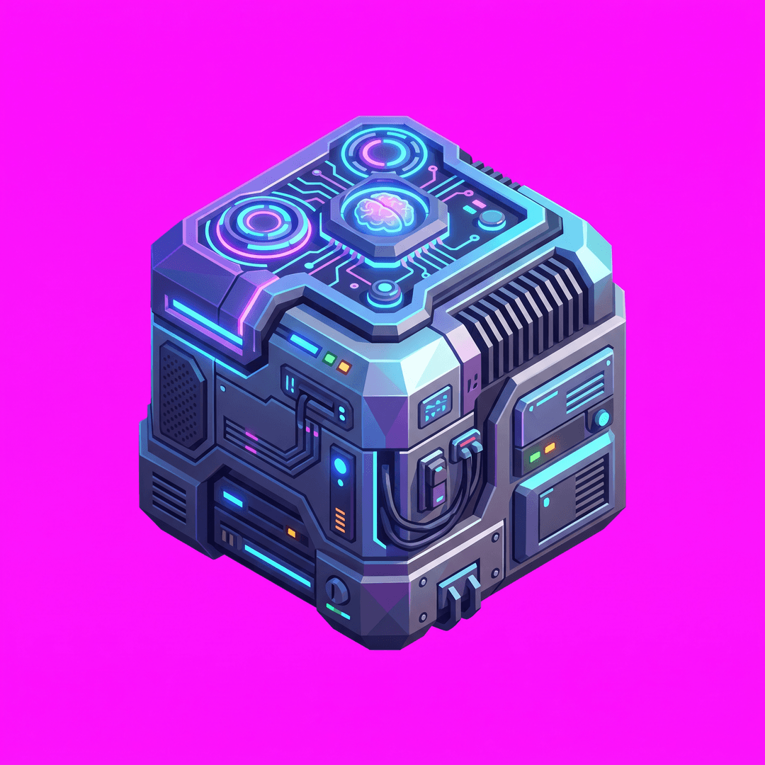 Isometric game asset: futuristic ai server, single object centered, clean stylized low-poly, vibrant art style, light from the upper-left, no ground, no cast shadow, no text, no border. Top-down isometric game sprite, sized to sit on one tile. solid flat pure magenta background, RGB 255 0 255 (#ff00ff), fill the ENTIRE background with this one magenta colour — NOT transparent, NO checkerboard pattern, no gradient.