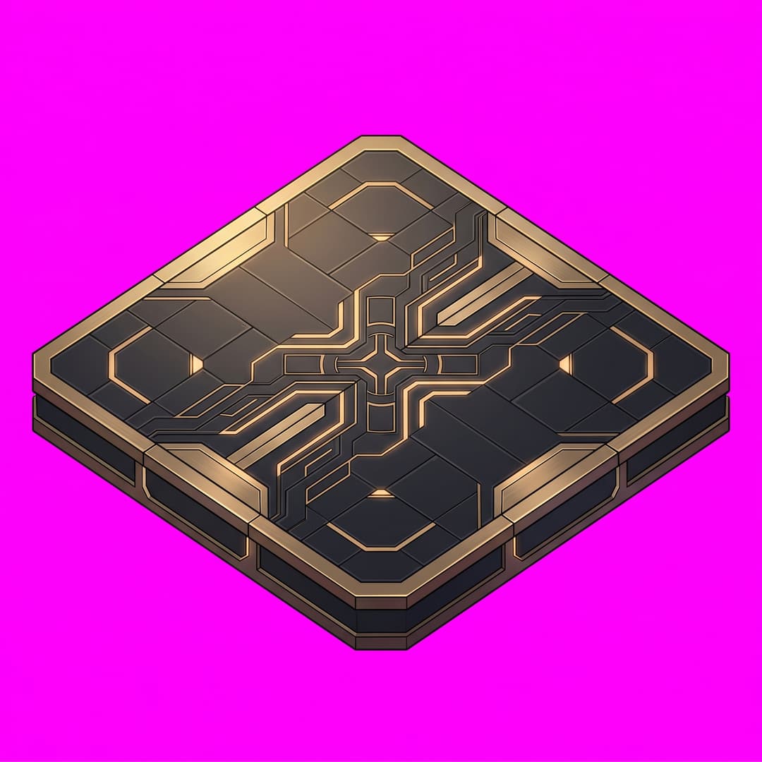 A single cohesive isometric floor platform: flat futuristic ai black and gold military lab floor no furnature, viewed top-down in true 2:1 isometric (dimetric) projection. One compact diamond-shaped island/platform of terrain seen from above, with a little thickness/depth at the edges, sleek dark sci-fi, black and gold, isometric game art, clean art style, soft light from the upper-left. The whole platform is centered with an even margin around it and fully inside the frame. solid flat pure magenta background, RGB 255 0 255 (#ff00ff), fill the ENTIRE background with this one magenta colour — NOT transparent, NO checkerboard pattern, no gradient. No sky, no horizon line, no characters, no buildings unless implied by the theme, no text.