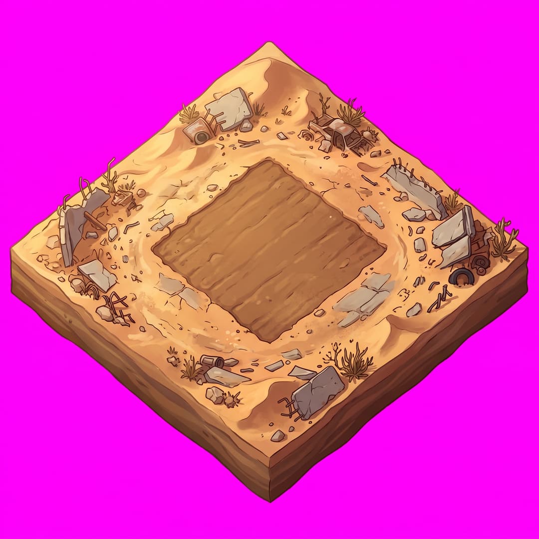 A single cohesive isometric floor platform: desert apocalyptic surroundings with broken buildings wasteland with flat centered patch of dirt for a base defense builder game, viewed top-down in true 2:1 isometric (dimetric) projection. One compact diamond-shaped island/platform of terrain seen from above, with a little thickness/depth at the edges, warm sun-baked desert, stylized art style, soft light from the upper-left. The whole platform is centered with an even margin around it and fully inside the frame. solid flat pure magenta background, RGB 255 0 255 (#ff00ff), fill the ENTIRE background with this one magenta colour — NOT transparent, NO checkerboard pattern, no gradient. No sky, no horizon line, no characters, no buildings unless implied by the theme, no text.
