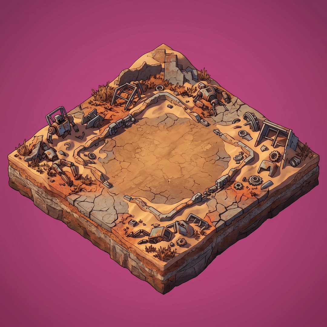 A single cohesive isometric floor platform: desert apocalyptic surroundings with broken buildings wasteland with flat centered patch of dirt for a base defense builder game  broken robots around build area, viewed top-down in true 2:1 isometric (dimetric) projection. One compact diamond-shaped island/platform of terrain seen from above, with a little thickness/depth at the edges, warm sun-baked desert, stylized art style, soft light from the upper-left. The whole platform is centered with an even margin around it and fully inside the frame. solid flat pure magenta background, RGB 255 0 255 (#ff00ff), fill the ENTIRE background with this one magenta colour — NOT transparent, NO checkerboard pattern, no gradient. No sky, no horizon line, no characters, no buildings unless implied by the theme, no text.