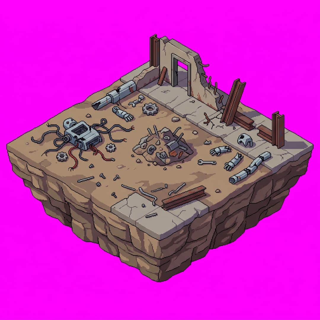 A single cohesive isometric floor platform: flat deserted deAsolate flat base building area with scarttered broken robot parts and building, viewed top-down in true 2:1 isometric (dimetric) projection. One compact diamond-shaped island/platform of terrain seen from above, with a little thickness/depth at the edges, pixel 3d animated cartoon art style, soft light from the upper-left. The whole platform is centered with an even margin around it and fully inside the frame. solid flat pure magenta background, RGB 255 0 255 (#ff00ff), fill the ENTIRE background with this one magenta colour — NOT transparent, NO checkerboard pattern, no gradient. No sky, no horizon line, no characters, no buildings unless implied by the theme, no text.