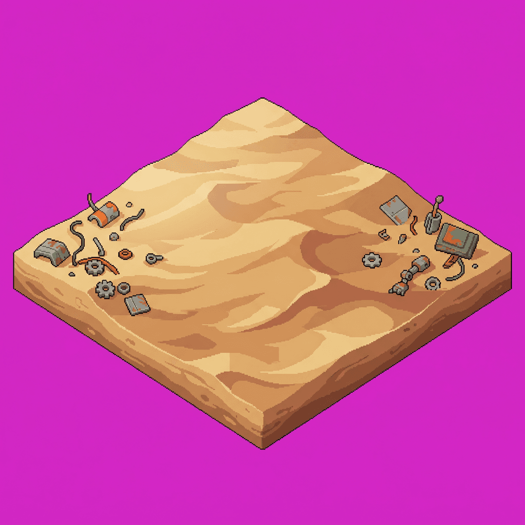 A single cohesive isometric floor platform: large empty flat deserted desolate desert with a few scattered robot parts around edges, viewed top-down in true 2:1 isometric (dimetric) projection. One compact diamond-shaped island/platform of terrain seen from above, with a little thickness/depth at the edges, pixel 3d animated cartoon art style, soft light from the upper-left. The whole platform is centered with an even margin around it and fully inside the frame. solid flat pure magenta background, RGB 255 0 255 (#ff00ff), fill the ENTIRE background with this one magenta colour — NOT transparent, NO checkerboard pattern, no gradient. No sky, no horizon line, no characters, no buildings unless implied by the theme, no text.