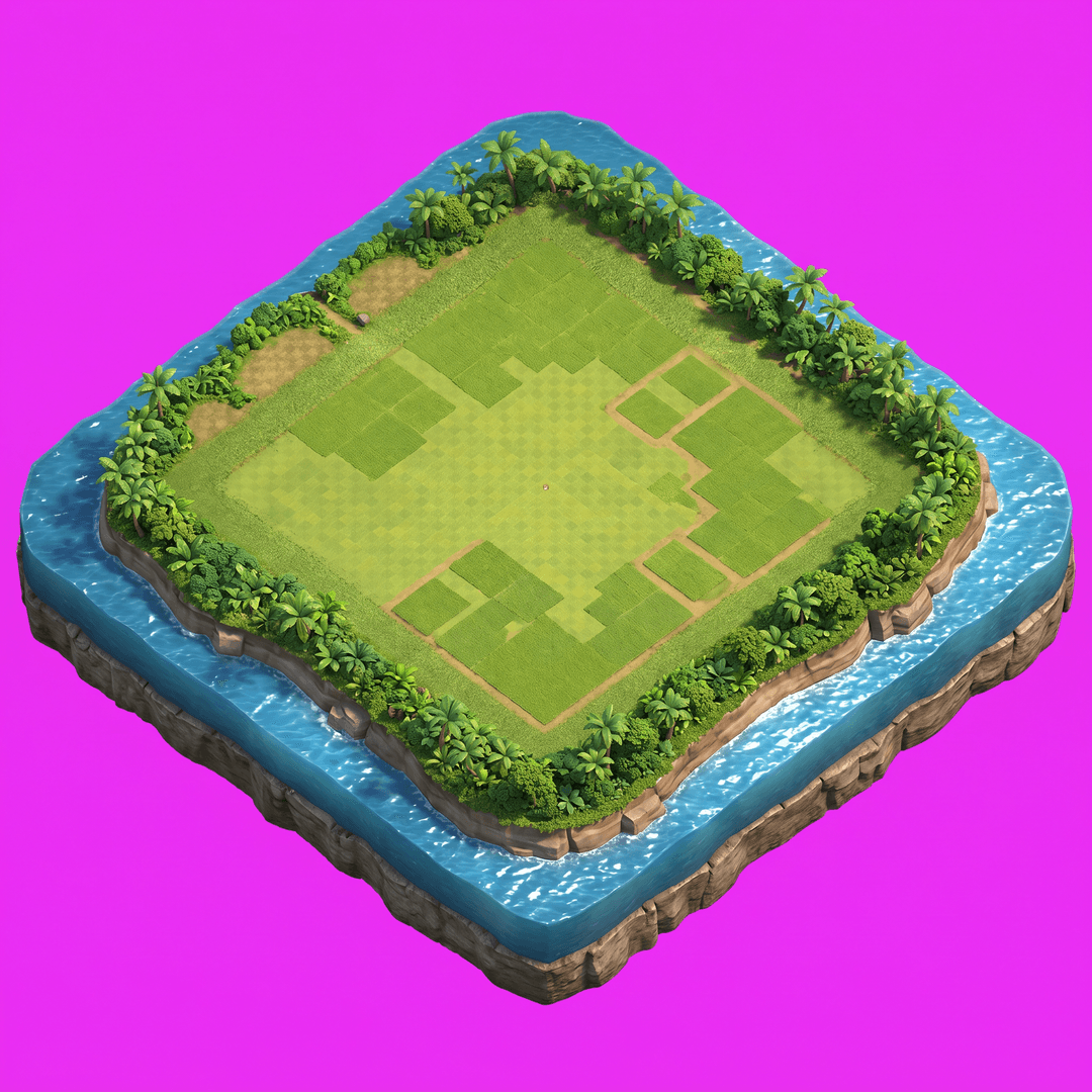 A single cohesive isometric floor platform: Empty Clash-of-Clans-style island base, top-down view, large open grassy field, no buildings, no walls, no troops, no resources, no UI, surrounded by lush tropical jungle and blue water, clean terrain ready for construction, high-detail mobile game environment, vibrant colors, peaceful atmosphere, professional game art, untouched island landscape, viewed top-down in true 2:1 isometric (dimetric) projection. One compact diamond-shaped island/platform of terrain seen from above, with a little thickness/depth at the edges, professional game art art style, soft light from the upper-left. The whole platform is centered with an even margin around it and fully inside the frame. solid flat pure magenta background, RGB 255 0 255 (#ff00ff), fill the ENTIRE background with this one magenta colour — NOT transparent, NO checkerboard pattern, no gradient. No sky, no horizon line, no characters, no buildings unless implied by the theme, no text.
