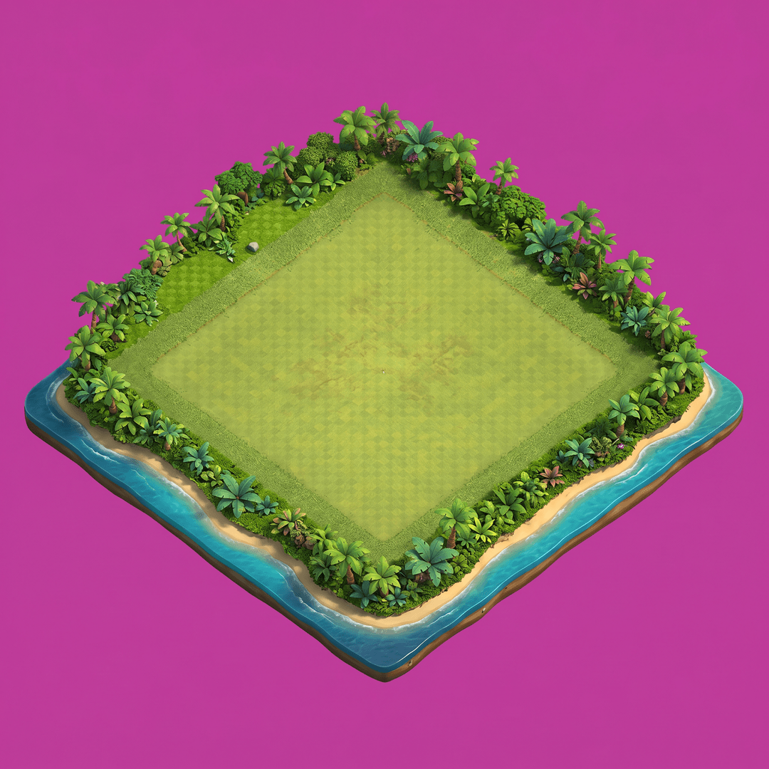 A single cohesive isometric floor platform: Empty Clash-of-Clans-style island base, top-down view, large open grassy field, no buildings, no walls, no troops, no resources, no UI, surrounded by lush tropical jungle and blue water, clean terrain ready for construction, high-detail mobile game environment, vibrant colors, peaceful atmosphere, professional game art, untouched island landscape, viewed top-down in true 2:1 isometric (dimetric) projection. One compact diamond-shaped island/platform of terrain seen from above, with a little thickness/depth at the edges, professional game art art style, soft light from the upper-left. The whole platform is centered with an even margin around it and fully inside the frame. solid flat pure magenta background, RGB 255 0 255 (#ff00ff), fill the ENTIRE background with this one magenta colour — NOT transparent, NO checkerboard pattern, no gradient. No sky, no horizon line, no characters, no buildings unless implied by the theme, no text.
