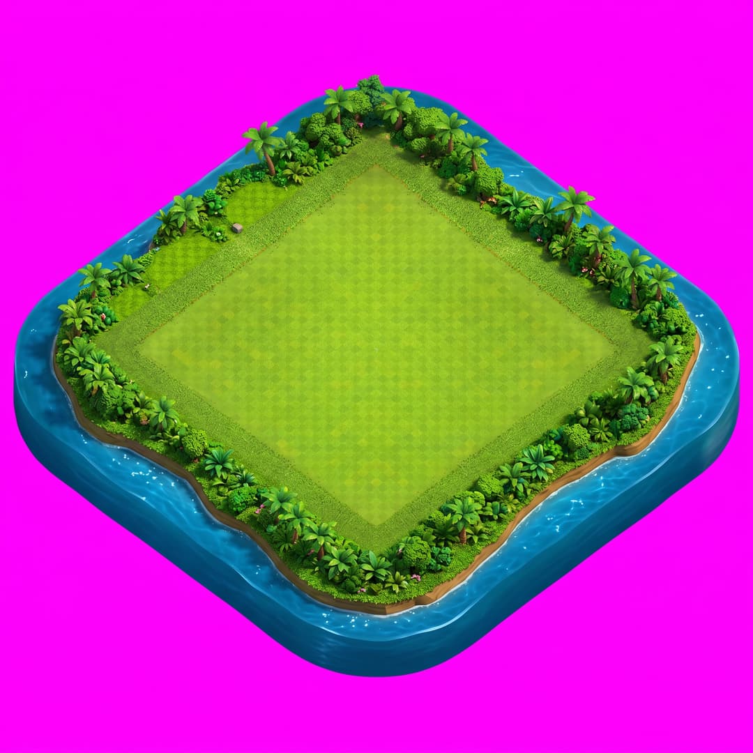 A single cohesive isometric floor platform: Empty Clash-of-Clans-style Empty Clash-of-Clans-style island base, top-down view, large open grassy field, no buildings, no walls, no troops, no resources, no UI, surrounded by lush tropical jungle and blue water, clean terrain ready for construction, high-detail mobile game environment, vibrant colors, peaceful atmosphere, professional game art, untouched island landscape, viewed top-down in true 2:1 isometric (dimetric) projection. One compact diamond-shaped island/platform of terrain seen from above, with a little thickness/depth at the edges, professional game art art style, soft light from the upper-left. The whole platform is centered with an even margin around it and fully inside the frame. solid flat pure magenta background, RGB 255 0 255 (#ff00ff), fill the ENTIRE background with this one magenta colour — NOT transparent, NO checkerboard pattern, no gradient. No sky, no horizon line, no characters, no buildings unless implied by the theme, no text.