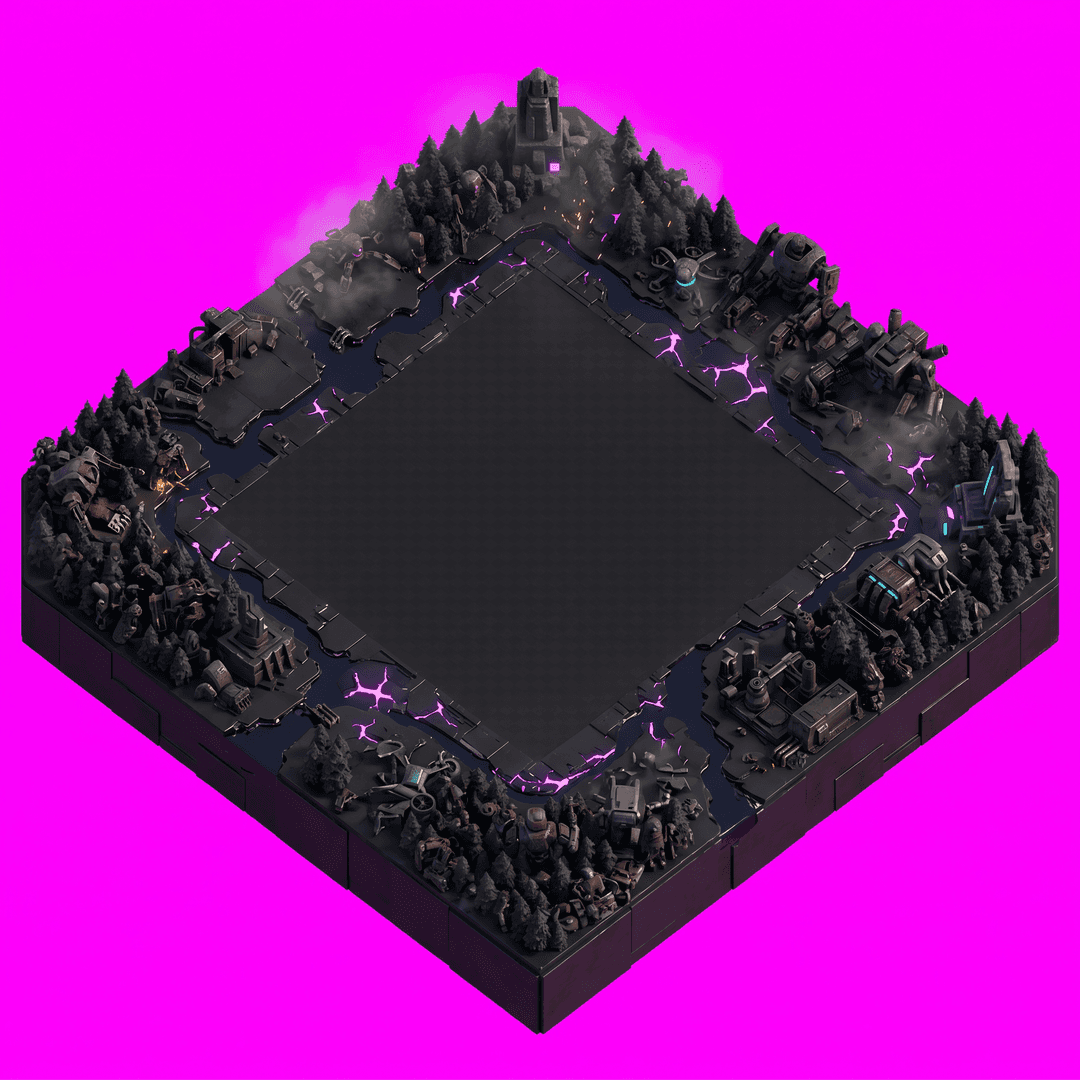 A single cohesive isometric floor platform: Empty Clash-of-Clans-style island base Apocalyptic robotic kingdom island, top-down strategy game map inspired by classic mobile base-building games, massive empty central build area, surrounded by rusted machine forests, giant mech skeletons, abandoned AI factories, broken drones, glowing purple energy fissures, black metallic terrain, dark coolant rivers, industrial ruins, ancient cybernetic monuments, premium black and gunmetal color palette, subtle neon purple and cyan highlights, cinematic fog, sparks, atmospheric sci-fi wasteland, post-human AI civilization, highly detailed game environment, Unreal Engine quality, no UI, no troops, no buildings in center., viewed top-down in true 2:1 isometric (dimetric) projection. One compact diamond-shaped island/platform of terrain seen from above, with a little thickness/depth at the edges, professional game art art style, soft light from the upper-left. The whole platform is centered with an even margin around it and fully inside the frame. solid flat pure magenta background, RGB 255 0 255 (#ff00ff), fill the ENTIRE background with this one magenta colour — NOT transparent, NO checkerboard pattern, no gradient. No sky, no horizon line, no characters, no buildings unless implied by the theme, no text.
