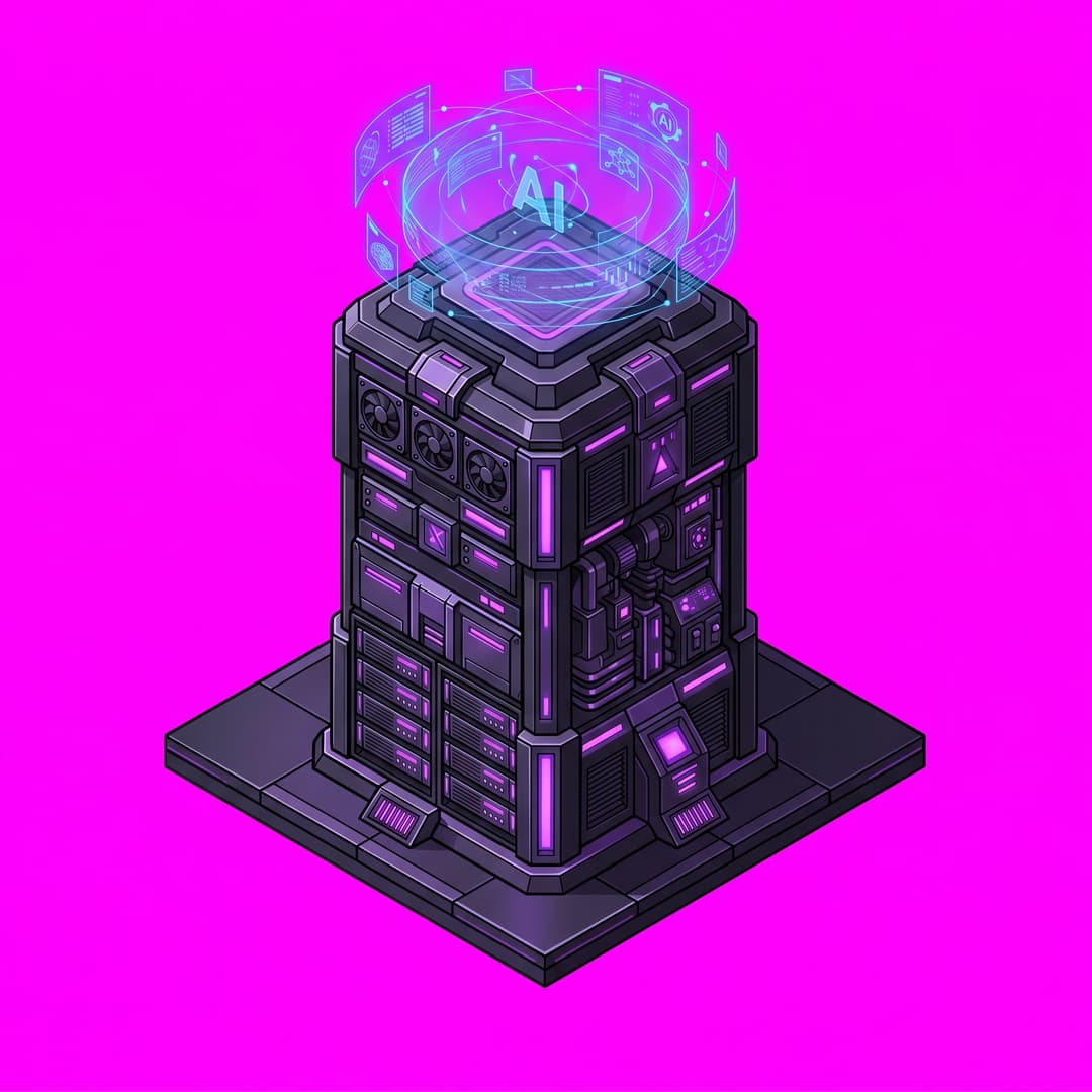 Isometric game asset: Black and purple futuristic AI Server Tower With Holograph, single object centered, professional game art art style, light from the upper-left, no ground, no cast shadow, no text, no border. Top-down isometric game sprite, designed to occupy a 4×4 tile footprint on an isometric grid — its base is an elongated diamond 4 tiles wide by 4 tiles deep in 2:1 isometric proportions. solid flat pure magenta background, RGB 255 0 255 (#ff00ff), fill the ENTIRE background with this one magenta colour — NOT transparent, NO checkerboard pattern, no gradient.