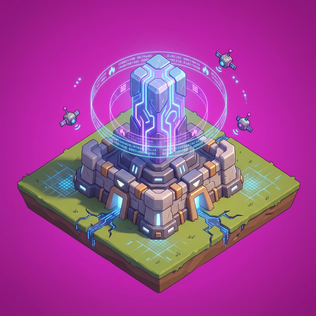 A single cohesive isometric floor platform: Isometric 3D game art, Clash of Clans style — a massive crystalline data-core rising from a circular fortified platform, pulsing with neon blue and violet energy veins, surrounded by concentric firewall rings made of glowing code-glyphs, floating API endpoint satellites orbiting the spire, cyberpunk medieval fusion, vibrant saturated colors, soft shadows, game-ready, clean edges, mobile-friendly scale, grass terrain with digital grid cracks showing data-streams beneath, viewed top-down in true 2:1 isometric (dimetric) projection. One compact diamond-shaped island/platform of terrain seen from above, with a little thickness/depth at the edges, clean stylized low-poly, vibrant art style, soft light from the upper-left. The whole platform is centered with an even margin around it and fully inside the frame. solid flat pure magenta background, RGB 255 0 255 (#ff00ff), fill the ENTIRE background with this one magenta colour — NOT transparent, NO checkerboard pattern, no gradient. No sky, no horizon line, no characters, no buildings unless implied by the theme, no text.