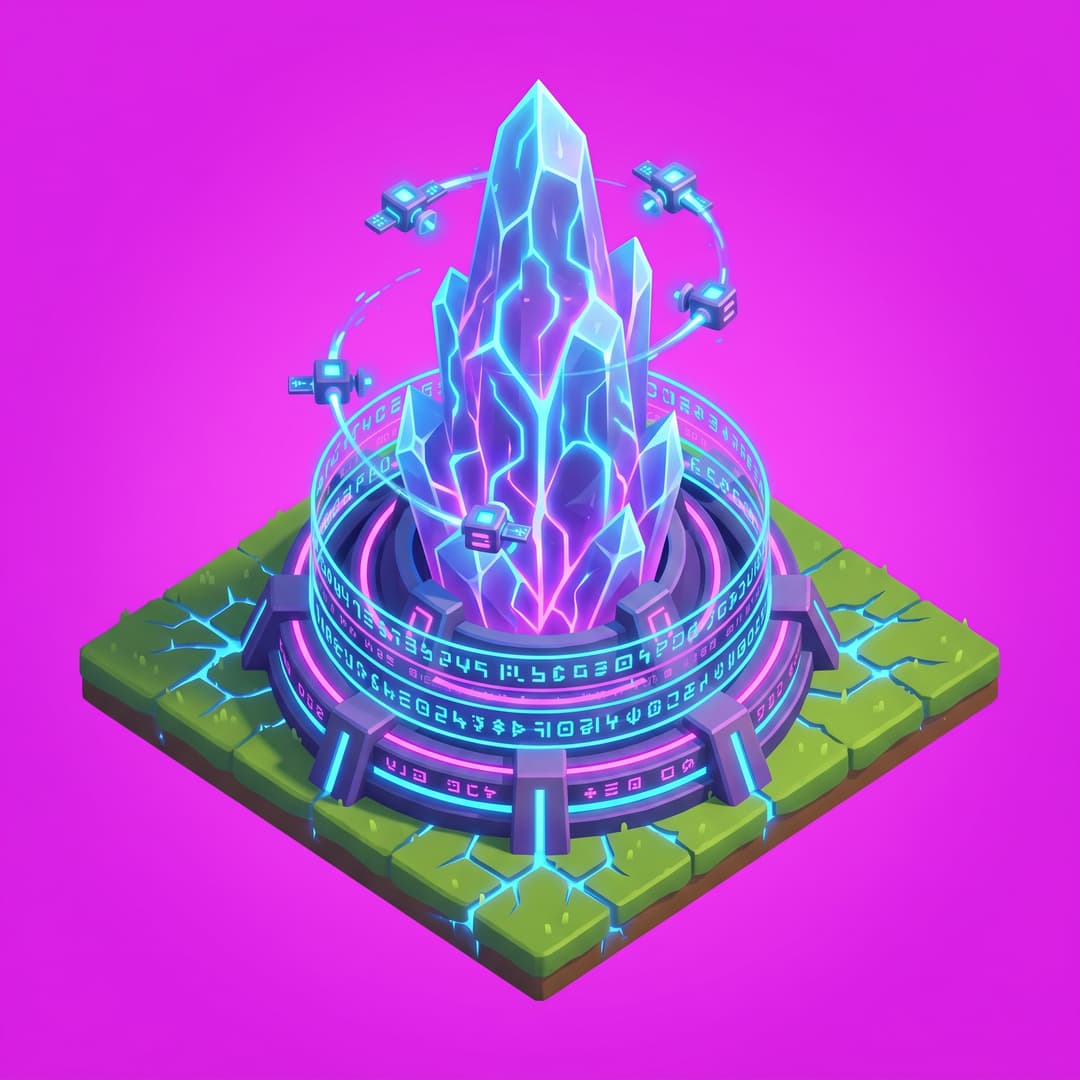 Isometric game asset: Isometric 3D game art, Clash of Clans style — a massive crystalline data-core rising from a circular fortified platform, pulsing with neon blue and violet energy veins, surrounded by concentric firewall rings made of glowing code-glyphs, floating API endpoint satellites orbiting the spire, cyberpunk medieval fusion, vibrant saturated colors, soft shadows, game-ready, clean edges, mobile-friendly scale, grass terrain with digital grid cracks showing data-streams beneath, single object centered, clean stylized low-poly, vibrant art style, light from the upper-left, no ground, no cast shadow, no text, no border. Top-down isometric game sprite, designed to occupy a 3×3 tile footprint on an isometric grid — its base is an elongated diamond 3 tiles wide by 3 tiles deep in 2:1 isometric proportions. solid flat pure magenta background, RGB 255 0 255 (#ff00ff), fill the ENTIRE background with this one magenta colour — NOT transparent, NO checkerboard pattern, no gradient.