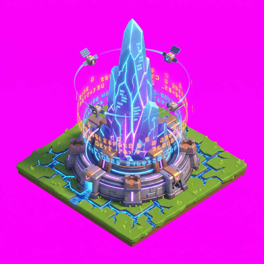 Isometric game asset: Isometric 3D game art, Clash of Clans style — a massive crystalline data-core rising from a circular fortified platform, pulsing with neon blue and violet energy veins, surrounded by concentric firewall rings made of glowing code-glyphs, floating API endpoint satellites orbiting the spire, cyberpunk medieval fusion, vibrant saturated colors, soft shadows, game-ready, clean edges, mobile-friendly scale, grass terrain with digital grid cracks showing data-streams beneath, single object centered, clean stylized low-poly, vibrant art style, light from the upper-left, no ground, no cast shadow, no text, no border. Top-down isometric game sprite, designed to occupy a 3×3 tile footprint on an isometric grid — its base is an elongated diamond 3 tiles wide by 3 tiles deep in 2:1 isometric proportions. solid flat pure magenta background, RGB 255 0 255 (#ff00ff), fill the ENTIRE background with this one magenta colour — NOT transparent, NO checkerboard pattern, no gradient.