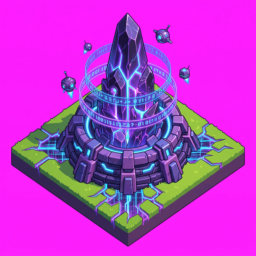 Isometric game asset: Isometric 3D game art, Clash of Clans style — a massive crystalline data-core rising from a circular fortified platform, pulsing with neon blue and violet energy veins, surrounded by concentric firewall rings made of glowing code-glyphs, floating API endpoint satellites orbiting the spire, cyberpunk medieval fusion, vibrant saturated colors, soft shadows, game-ready, clean edges, mobile-friendly scale, grass terrain with digital grid cracks showing data-streams beneath black and purple futuristic theme, single object centered, clean stylized low-poly, vibrant art style, light from the upper-left, no ground, no cast shadow, no text, no border. Top-down isometric game sprite, designed to occupy a 3×3 tile footprint on an isometric grid — its base is an elongated diamond 3 tiles wide by 3 tiles deep in 2:1 isometric proportions. solid flat pure magenta background, RGB 255 0 255 (#ff00ff), fill the ENTIRE background with this one magenta colour — NOT transparent, NO checkerboard pattern, no gradient.