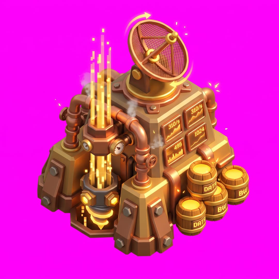 Isometric game asset: Isometric 3D game art, Clash of Clans style — a squat mechanical drill-pump structure with copper piping and a spinning satellite dish on top, extracting glowing golden data-streams from the ground, small holographic readout screens showing rising numbers, barrels of "raw bandwidth" stacked nearby, cute chunky design, warm gold and bronze palette against green grass, Clash of Clans proportions, game asset style, single object centered, clean stylized low-poly, vibrant art style, light from the upper-left, no ground, no cast shadow, no text, no border. Top-down isometric game sprite, designed to occupy a 2×2 tile footprint on an isometric grid — its base is an elongated diamond 2 tiles wide by 2 tiles deep in 2:1 isometric proportions. solid flat pure magenta background, RGB 255 0 255 (#ff00ff), fill the ENTIRE background with this one magenta colour — NOT transparent, NO checkerboard pattern, no gradient.