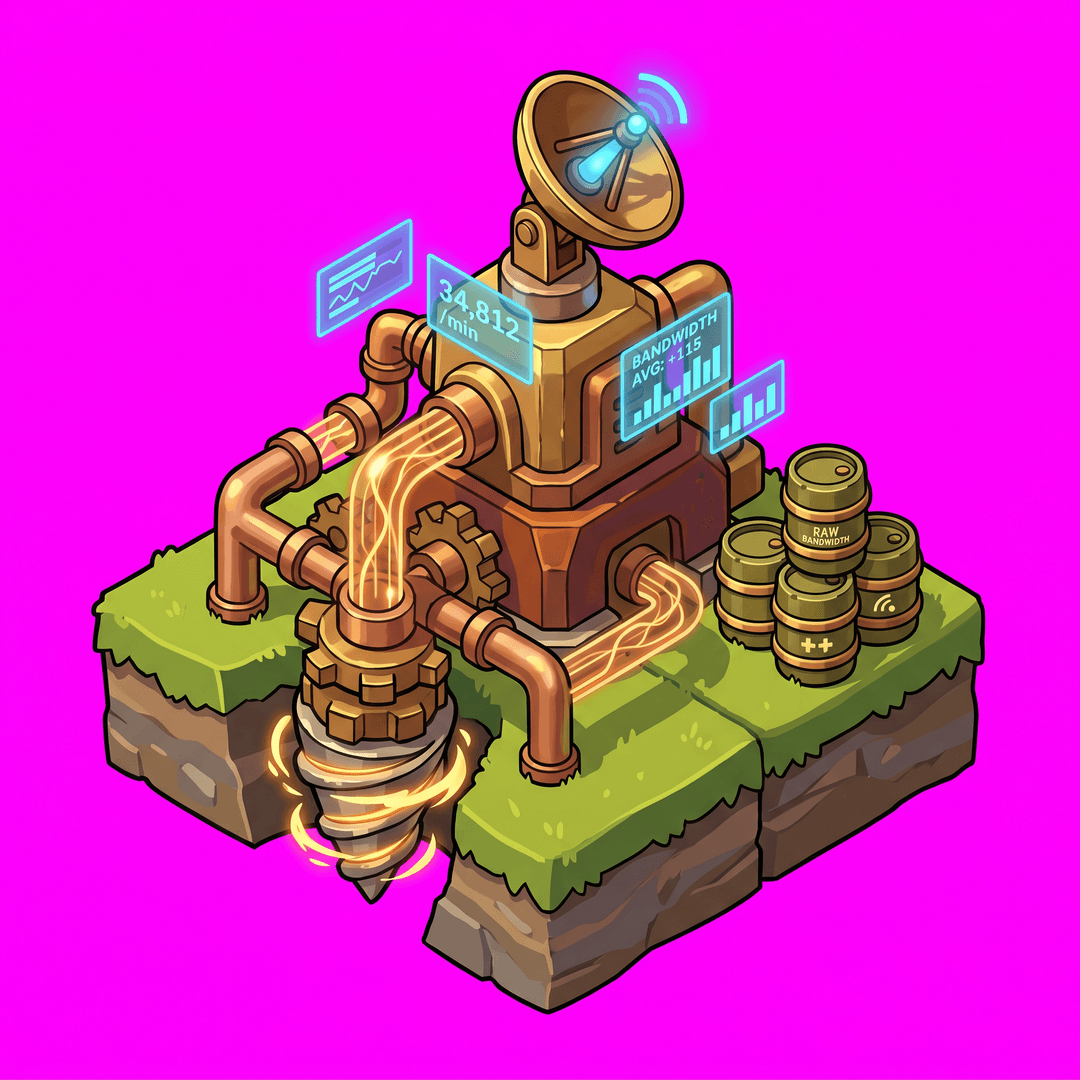 Isometric game asset: Isometric 3D game art, Clash of Clans style — a squat mechanical drill-pump structure with copper piping and a spinning satellite dish on top, extracting glowing golden data-streams from the ground, small holographic readout screens showing rising numbers, barrels of "raw bandwidth" stacked nearby, cute chunky design, warm gold and bronze palette against green grass, Clash of Clans proportions, game asset style grass block bottom, single object centered, clean stylized low-poly, vibrant art style, light from the upper-left, no ground, no cast shadow, no text, no border. Top-down isometric game sprite, designed to occupy a 2×2 tile footprint on an isometric grid — its base is an elongated diamond 2 tiles wide by 2 tiles deep in 2:1 isometric proportions. solid flat pure magenta background, RGB 255 0 255 (#ff00ff), fill the ENTIRE background with this one magenta colour — NOT transparent, NO checkerboard pattern, no gradient.