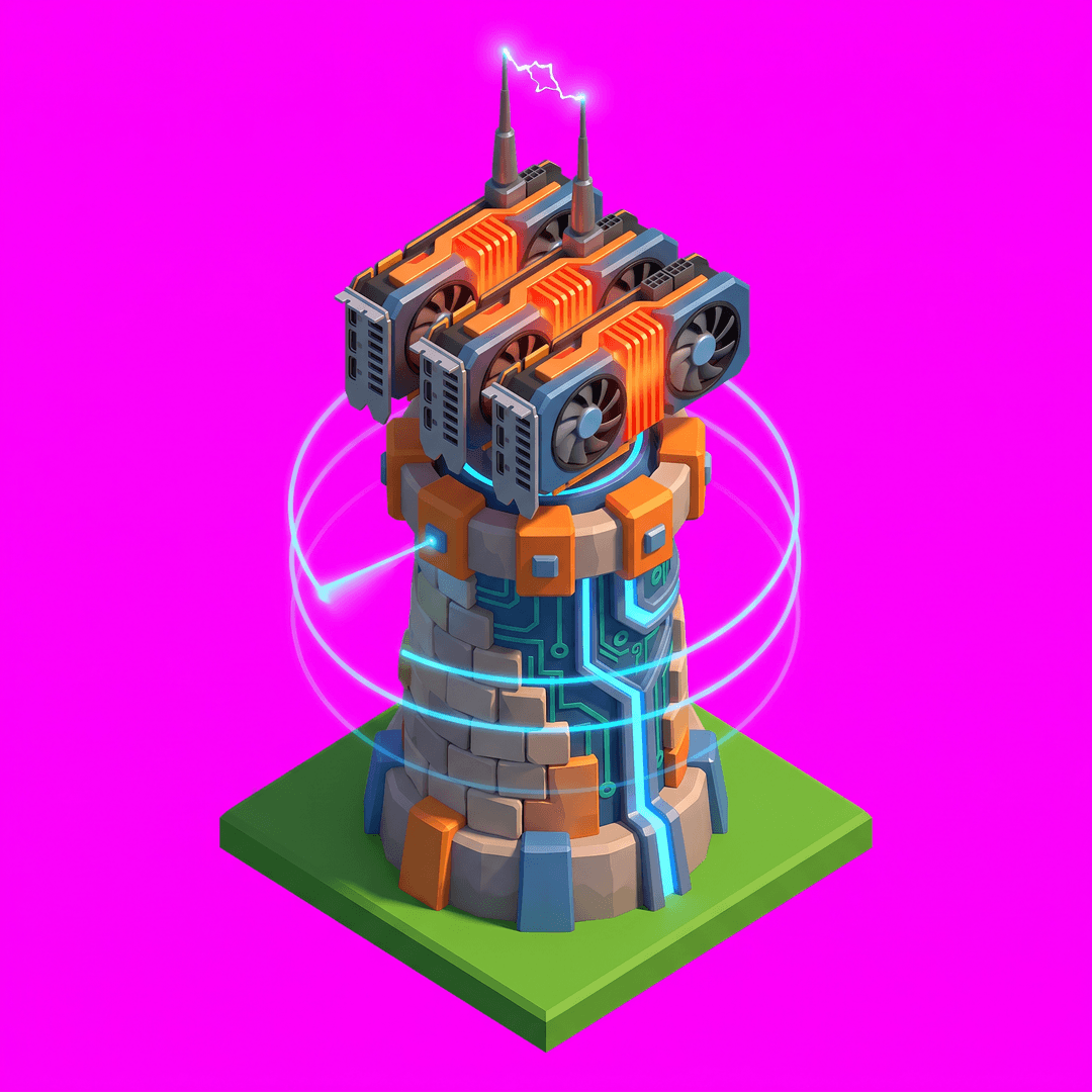 Isometric game asset: Isometric 3D game art, Clash of Clans style — a tall cylindrical tower with a rotating GPU cluster at the top, heat sinks glowing orange-red, two antenna spires crackling with electric arcs, stone base merged with circuit-board textures, targeting laser sweeping the perimeter, chunky cartoon proportions, vibrant orange/blue contrast, mobile game style, green base platform, single object centered, clean stylized low-poly, vibrant art style, light from the upper-left, no ground, no cast shadow, no text, no border. Top-down isometric game sprite, designed to occupy a 2×2 tile footprint on an isometric grid — its base is an elongated diamond 2 tiles wide by 2 tiles deep in 2:1 isometric proportions. solid flat pure magenta background, RGB 255 0 255 (#ff00ff), fill the ENTIRE background with this one magenta colour — NOT transparent, NO checkerboard pattern, no gradient.