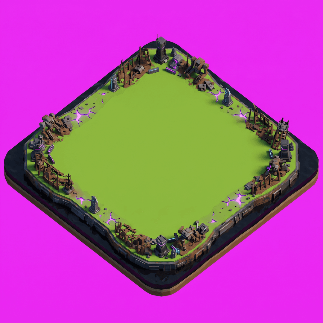 A single cohesive isometric floor platform: Top-down strategy game island inspired by classic mobile base-building games, massive open bright green grass center covering 80% of the map, large empty buildable area, thin outer border of apocalyptic robotic ruins, rusted machine forests, broken mech skeletons, abandoned AI towers, glowing purple energy cracks, dark metallic shoreline, black coolant water surrounding the island, scattered cybernetic monuments, premium black and gunmetal accents, subtle neon purple and cyan highlights, cinematic atmosphere, post-human AI kingdom, highly detailed environment art, Unreal Engine quality, no UI, no troops, no central buildings, focus on maximum buildable terrain with minimal edge clutter., viewed top-down in true 2:1 isometric (dimetric) projection. One compact diamond-shaped island/platform of terrain seen from above, with a little thickness/depth at the edges, clean stylized low-poly, vibrant art style, soft light from the upper-left. The whole platform is centered with an even margin around it and fully inside the frame. solid flat pure magenta background, RGB 255 0 255 (#ff00ff), fill the ENTIRE background with this one magenta colour — NOT transparent, NO checkerboard pattern, no gradient. No sky, no horizon line, no characters, no buildings unless implied by the theme, no text.
