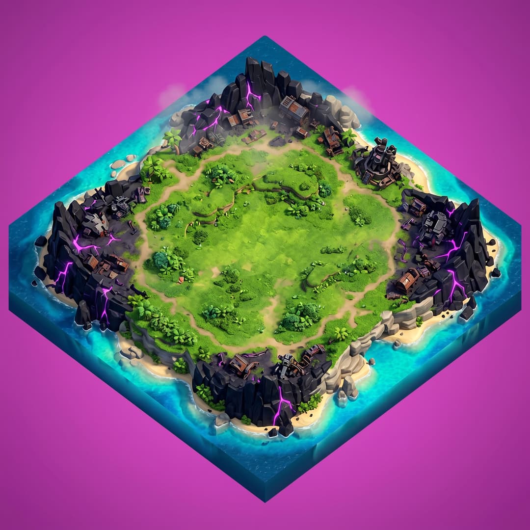 A single cohesive isometric floor platform: Top-down fantasy strategy game island inspired by classic mobile base-building games, expansive vibrant emerald-green grass center with rich natural texture, subtle terrain variation, soft pathways, lush tropical island atmosphere, massive open buildable area covering most of the map. Thin outer perimeter transitions into a dark robotic apocalypse biome featuring black obsidian cliffs, shattered mech remains, rusted cybernetic ruins, glowing purple energy veins, abandoned AI structures, and twisted metallic jungle. Crystal-clear tropical water surrounds the island with bright teal shallows, sandy shoreline details, and natural island contours. Premium black and purple accents concentrated around the edges, creating a mysterious corrupted AI kingdom encroaching on a beautiful paradise. High-detail game environment, polished AAA mobile strategy art, cinematic lighting, atmospheric fog, glowing energy effects, Unreal Engine quality, no buildings, no troops, no UI, focus on a large clean buildable center with minimal edge clutter and strong tropical island vibes., viewed top-down in true 2:1 isometric (dimetric) projection. One compact diamond-shaped island/platform of terrain seen from above, with a little thickness/depth at the edges, clean stylized low-poly, vibrant art style, soft light from the upper-left. The whole platform is centered with an even margin around it and fully inside the frame. solid flat pure magenta background, RGB 255 0 255 (#ff00ff), fill the ENTIRE background with this one magenta colour — NOT transparent, NO checkerboard pattern, no gradient. No sky, no horizon line, no characters, no buildings unless implied by the theme, no text.