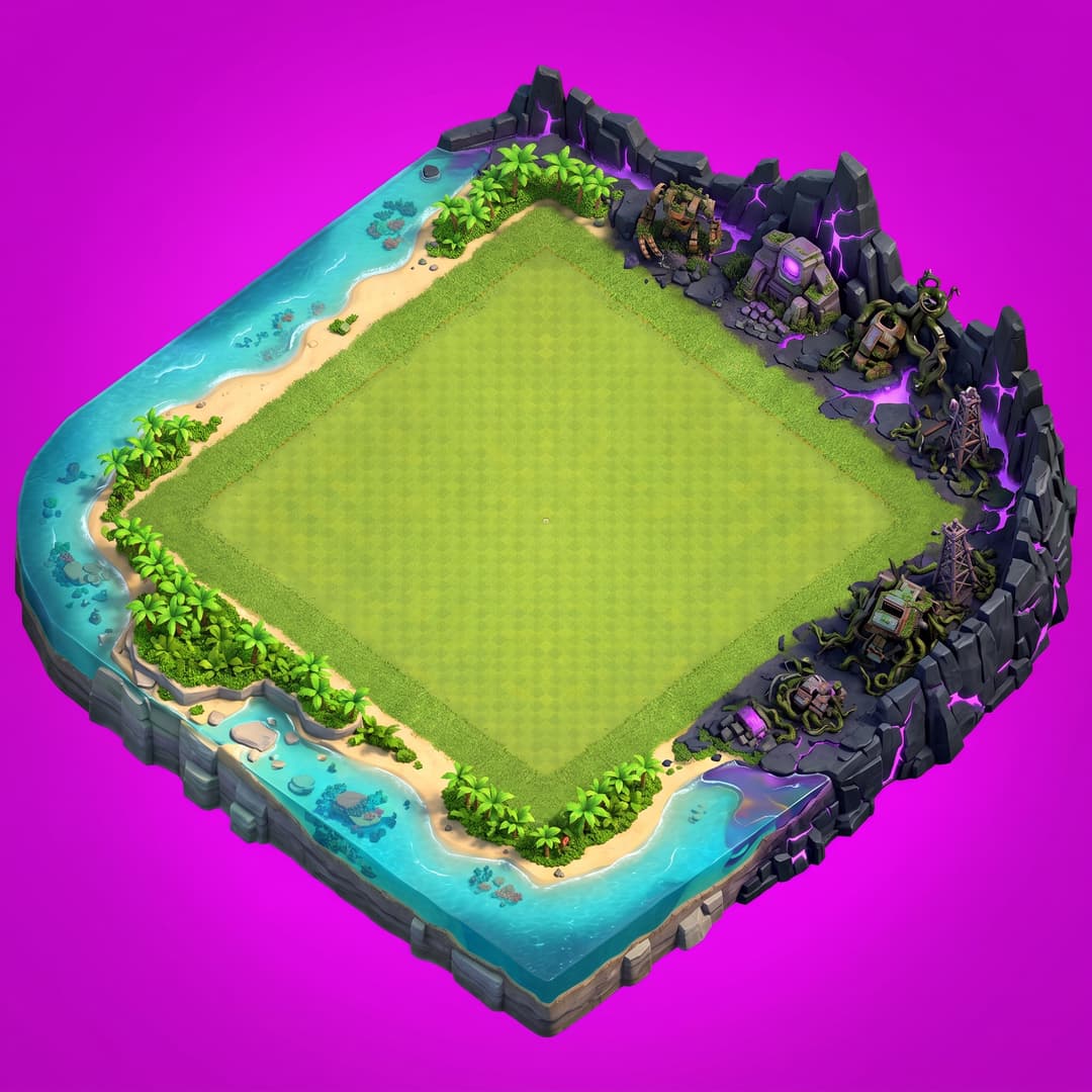 A single cohesive isometric floor platform: Top-down strategy game island inspired by classic mobile base-building games, enormous perfectly flat bright-green grass center with almost no elevation changes, rocks, obstacles, hills, rivers, or terrain clutter, designed as a clean open buildable field. Large square-like central plateau occupying 85–90% of the island, surrounded by a thin tropical island border with crystal-clear blue water, sandy beaches, and lush vegetation. The outermost edges gradually transition into a dark apocalyptic robotic biome featuring black obsidian cliffs, glowing purple energy fissures, ancient AI ruins, rusted mech skeletons, broken cybernetic towers, and twisted metallic jungle. Strong contrast between the peaceful vibrant green build area and the corrupted black-and-purple perimeter. Highly polished mobile game environment, colorful and readable, premium game art, AAA strategy game quality, cinematic lighting, no buildings, no troops, no UI, maximum empty buildable terrain, clean symmetrical layout, paradise island surrounded by an encroaching robotic apocalypse., viewed top-down in true 2:1 isometric (dimetric) projection. One compact diamond-shaped island/platform of terrain seen from above, with a little thickness/depth at the edges, clean stylized low-poly, vibrant art style, soft light from the upper-left. The whole platform is centered with an even margin around it and fully inside the frame. solid flat pure magenta background, RGB 255 0 255 (#ff00ff), fill the ENTIRE background with this one magenta colour — NOT transparent, NO checkerboard pattern, no gradient. No sky, no horizon line, no characters, no buildings unless implied by the theme, no text.