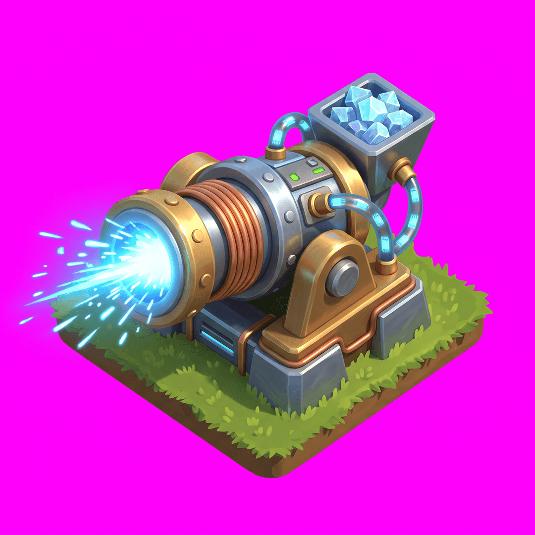 Isometric game asset: Isometric 3D game art, Clash of Clans style — a wide-barreled cannon made from repurposed server hardware, loading glowing data-packets as ammunition, pneumatic tubes feeding from a hopper filled with crystalline "payloads," brass and steel construction with copper wire coils, cartoonish oversized proportions, firing animation pose (muzzle flash of blue data-sparks), vibrant colors, grass terrain, Clash of Clans game asset aesthetic, single object centered, clean stylized low-poly, vibrant art style, light from the upper-left, no ground, no cast shadow, no text, no border. Top-down isometric game sprite, designed to occupy a 2×2 tile footprint on an isometric grid — its base is an elongated diamond 2 tiles wide by 2 tiles deep in 2:1 isometric proportions. solid flat pure magenta background, RGB 255 0 255 (#ff00ff), fill the ENTIRE background with this one magenta colour — NOT transparent, NO checkerboard pattern, no gradient.