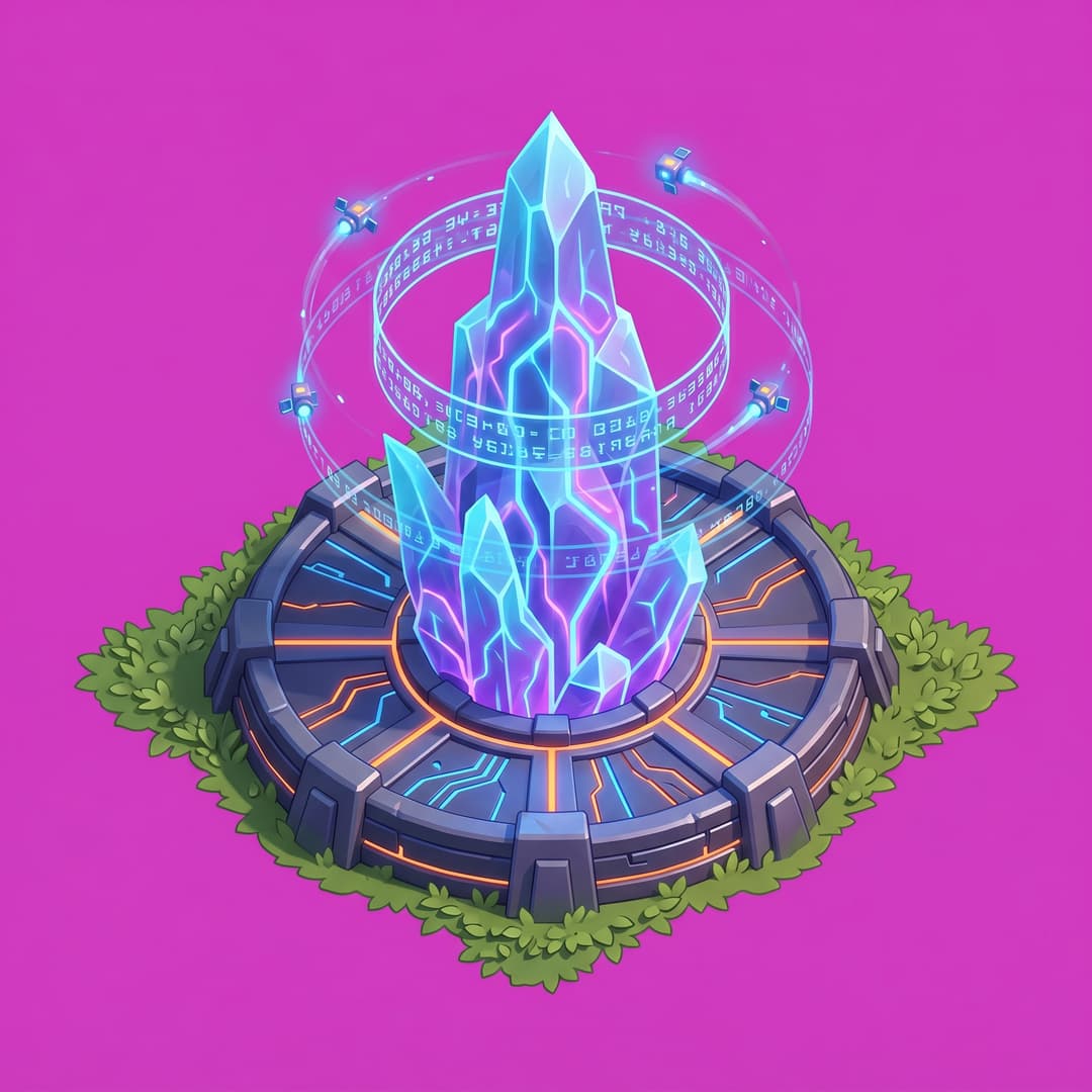 Isometric game asset: Isometric 3D game art, Clash of Clans style — a massive crystalline data-core rising from a circular fortified platform, pulsing with neon blue and violet energy veins, surrounded by concentric firewall rings made of glowing code-glyphs, floating API endpoint satellites orbiting the spire, cyberpunk medieval fusion, vibrant saturated colors, soft shadows, game-ready, clean edges, mobile-friendly scale, dark metallic grid floor with glowing data-streams, no grass on the platform — only a thin flat grass fringe around the outer edge of the base where it meets the ground, organic irregular grass outline hugging the platform perimeter naturally, blending into the surrounding green terrain, no straight grass edges, single object centered, clean stylized low-poly, vibrant art style, light from the upper-left, no ground, no cast shadow, no text, no border. Top-down isometric game sprite, sized to sit on one tile. solid flat pure magenta background, RGB 255 0 255 (#ff00ff), fill the ENTIRE background with this one magenta colour — NOT transparent, NO checkerboard pattern, no gradient.