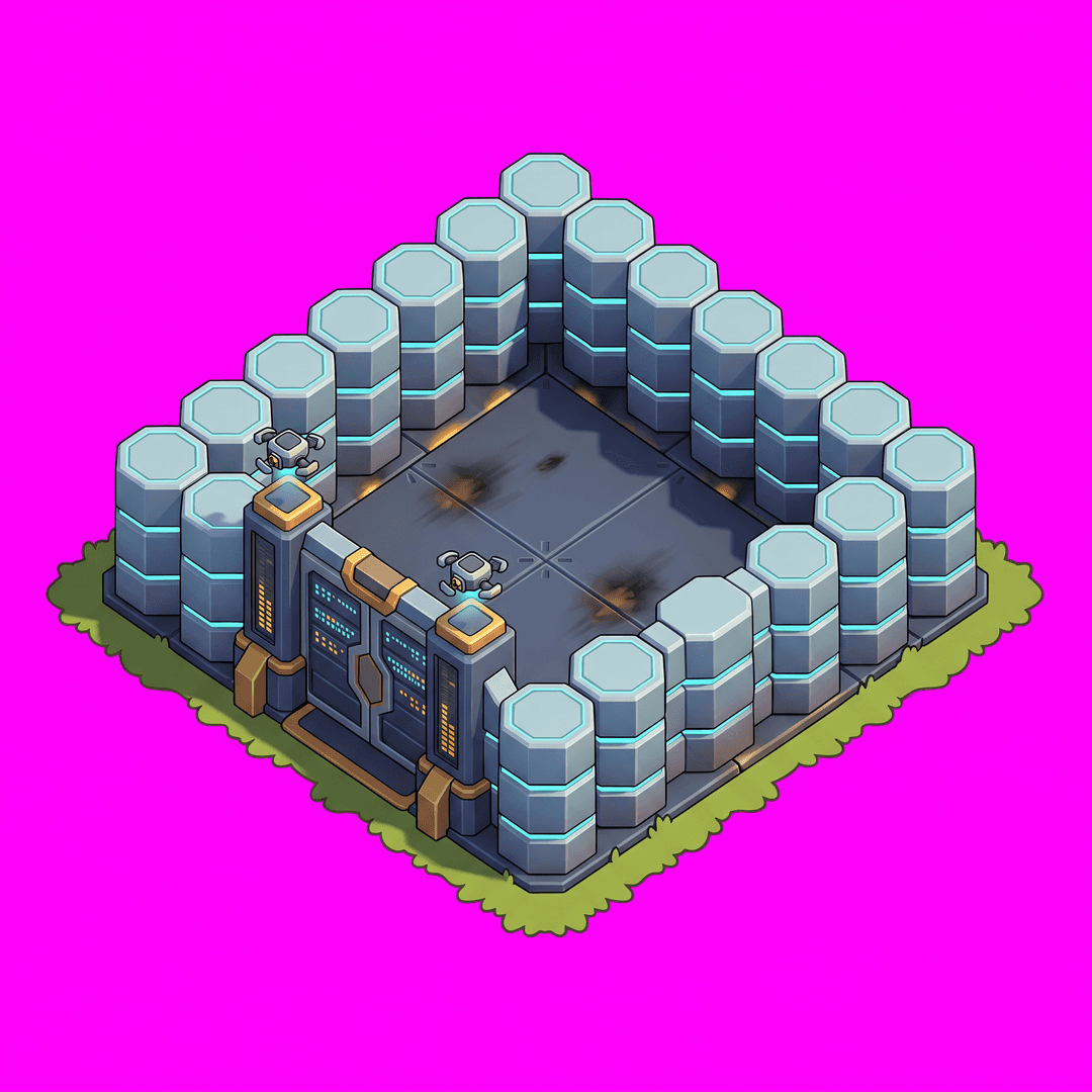 Isometric game asset: Isometric 3D game art, Clash of Clans style — defensive walls made of stacked hex-grid panels glowing faintly cyan at the seams, a reinforced gate shaped like a server rack with blinking LED patterns, two small sentry drones hovering above the gate posts, dark metallic platform floor with burnt scorch marks and faint grid lines, chunky cartoon proportions, vibrant colors, gold/amber highlights on gate trim, mobile game aesthetic, thin flat grass fringe around the outer base perimeter only — organic wavy grass edge where structure meets green terrain, no grass on the platform itself, single object centered, clean stylized low-poly, vibrant art style, light from the upper-left, no ground, no cast shadow, no text, no border. ABSOLUTELY NO base, platform, pedestal, plinth, floor tile, grass patch or terrain under the object — it stands directly on the empty background and its silhouette ends where the object itself ends. Top-down isometric game sprite, designed to occupy a 2×2 tile footprint on an isometric grid — its base is an elongated diamond 2 tiles wide by 2 tiles deep in 2:1 isometric proportions. solid flat pure magenta background, RGB 255 0 255 (#ff00ff), fill the ENTIRE background with this one magenta colour — NOT transparent, NO checkerboard pattern, no gradient.