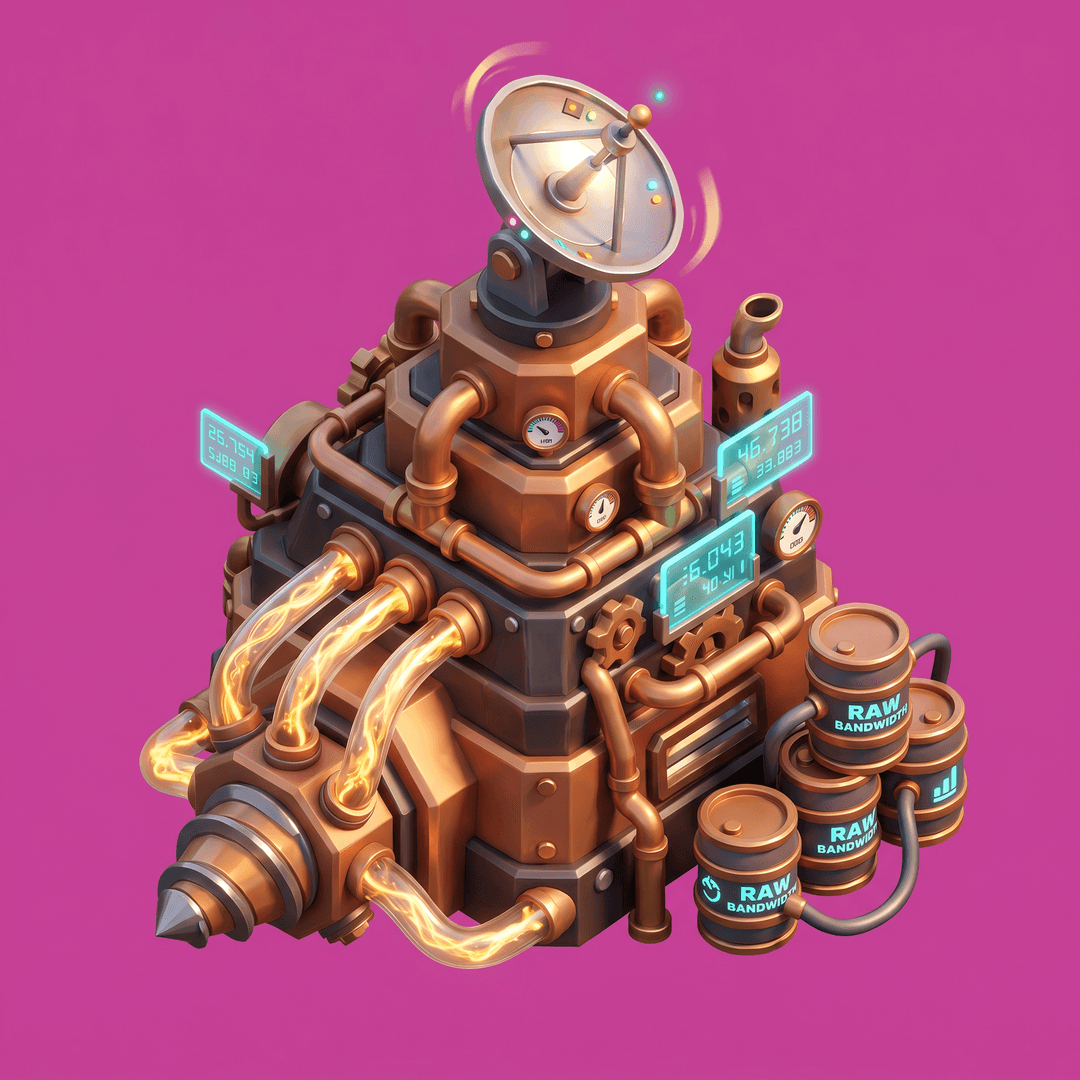 Isometric game asset: Isometric 3D game art, Clash of Clans style — a squat mechanical drill-pump structure with copper piping and a spinning satellite dish on top, extracting glowing golden data-streams from a dark metallic grid floor, small holographic readout screens showing rising numbers, barrels of "raw bandwidth" stacked nearby, cute chunky design, warm gold and bronze palette against dark steel ground with cyan circuit lines, Clash of Clans proportions, game asset style, no grass on the floor — only a thin flat natural grass outline hugging the irregular edges of the base platform where it meets the green terrain, single object centered, clean stylized low-poly, vibrant art style, light from the upper-left, no ground, no cast shadow, no text, no border. ABSOLUTELY NO base, platform, pedestal, plinth, floor tile, grass patch or terrain under the object — it stands directly on the empty background and its silhouette ends where the object itself ends. Top-down isometric game sprite, designed to occupy a 2×2 tile footprint on an isometric grid — its base is an elongated diamond 2 tiles wide by 2 tiles deep in 2:1 isometric proportions. solid flat pure magenta background, RGB 255 0 255 (#ff00ff), fill the ENTIRE background with this one magenta colour — NOT transparent, NO checkerboard pattern, no gradient.