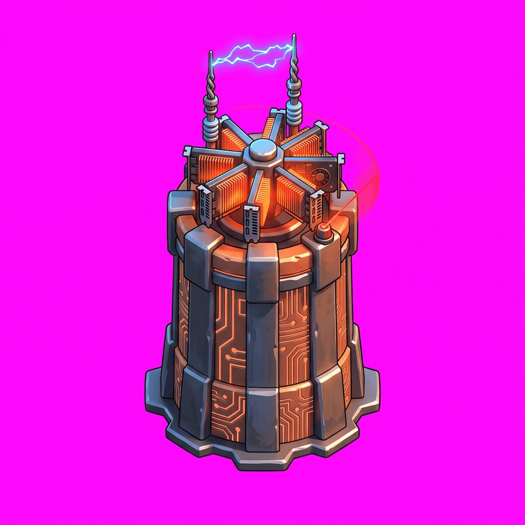 Isometric game asset: Isometric 3D game art, Clash of Clans style — a tall cylindrical tower with a rotating GPU cluster at the top, heat sinks glowing orange-red, two antenna spires crackling with electric arcs, base merged with circuit-board textures on a dark metallic platform, targeting laser sweeping the perimeter, chunky cartoon proportions, vibrant orange/blue contrast, mobile game style, dark grid floor with faint neon edge-lighting, no grass on the platform — thin flat grass fringe only around the outer base edge, organic irregular outline blending naturally into surrounding green grass, single object centered, clean stylized low-poly, vibrant art style, light from the upper-left, no ground, no cast shadow, no text, no border. ABSOLUTELY NO base, platform, pedestal, plinth, floor tile, grass patch or terrain under the object — it stands directly on the empty background and its silhouette ends where the object itself ends. Top-down isometric game sprite, sized to sit on one tile. solid flat pure magenta background, RGB 255 0 255 (#ff00ff), fill the ENTIRE background with this one magenta colour — NOT transparent, NO checkerboard pattern, no gradient.