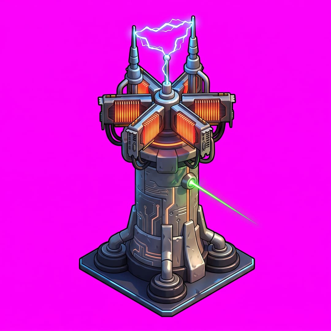 Isometric game asset: Isometric 3D game art, Clash of Clans style — a tall cylindrical tower with a rotating GPU cluster at the top, heat sinks glowing orange-red, two antenna spires crackling with electric arcs, base merged with circuit-board textures on a dark metallic platform, targeting laser sweeping the perimeter, chunky cartoon proportions, vibrant orange/blue contrast, mobile game style, dark grid floor with faint neon edge-lighting, no grass on the platform — thin flat grass fringe only around the outer base edge, organic irregular outline blending naturally into surrounding green grass, single object centered, clean stylized low-poly, vibrant art style, light from the upper-left, no ground, no cast shadow, no text, no border. ABSOLUTELY NO base, platform, pedestal, plinth, floor tile, grass patch or terrain under the object — it stands directly on the empty background and its silhouette ends where the object itself ends. Top-down isometric game sprite, sized to sit on one tile. solid flat pure magenta background, RGB 255 0 255 (#ff00ff), fill the ENTIRE background with this one magenta colour — NOT transparent, NO checkerboard pattern, no gradient.