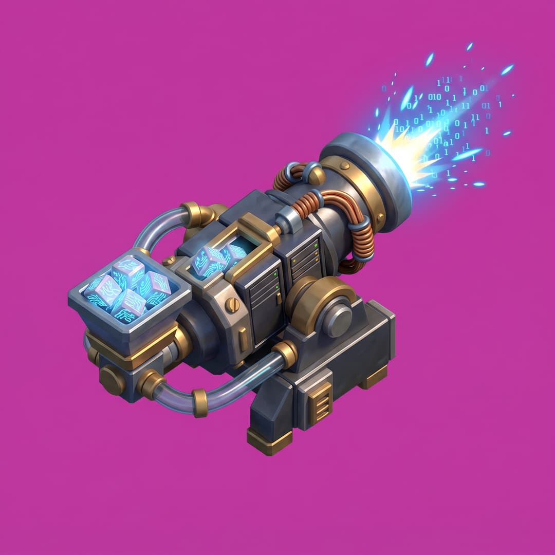 Isometric game asset: Isometric 3D game art, Clash of Clans style — a wide-barreled cannon made from repurposed server hardware, loading glowing data-packets as ammunition, pneumatic tubes feeding from a hopper filled with crystalline "payloads," brass and steel construction with copper wire coils, cartoonish oversized proportions, firing animation pose (muzzle flash of blue data-sparks), vibrant colors, dark metallic grid floor with subtle data-pulse glow lines, Clash of Clans game asset aesthetic, no grass on the platform — only a thin flat grass outline hugging the outer base edges with organic irregular shape, blending into green terrain naturally, single object centered, clean stylized low-poly, vibrant art style, light from the upper-left, no ground, no cast shadow, no text, no border. ABSOLUTELY NO base, platform, pedestal, plinth, floor tile, grass patch or terrain under the object — it stands directly on the empty background and its silhouette ends where the object itself ends. Top-down isometric game sprite, designed to occupy a 2×2 tile footprint on an isometric grid — its base is an elongated diamond 2 tiles wide by 2 tiles deep in 2:1 isometric proportions. solid flat pure magenta background, RGB 255 0 255 (#ff00ff), fill the ENTIRE background with this one magenta colour — NOT transparent, NO checkerboard pattern, no gradient.