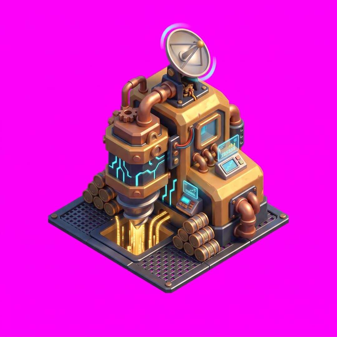 Isometric game asset: Isometric 3D game art, Clash of Clans style — a squat mechanical drill-pump structure with copper piping and a spinning satellite dish on top, extracting glowing golden data-streams from a dark metallic grid floor, small holographic readout screens showing rising numbers, barrels of "raw bandwidth" stacked nearby, cute chunky design, warm gold and bronze palette against dark steel ground with cyan circuit lines, Clash of Clans proportions, game asset style, no grass on the floor — only a thin flat natural grass outline hugging the irregular edges of the base platform where it meets the green terrain, single object centered, clean stylized low-poly, vibrant art style, light from the upper-left, no ground, no cast shadow, no text, no border. ABSOLUTELY NO base, platform, pedestal, plinth, floor tile, grass patch or terrain under the object — it stands directly on the empty background and its silhouette ends where the object itself ends. Top-down isometric game sprite, designed to occupy a 2×2 tile footprint on an isometric grid — its base is an elongated diamond 2 tiles wide by 2 tiles deep in 2:1 isometric proportions. solid flat pure magenta background, RGB 255 0 255 (#ff00ff), fill the ENTIRE background with this one magenta colour — NOT transparent, NO checkerboard pattern, no gradient.
