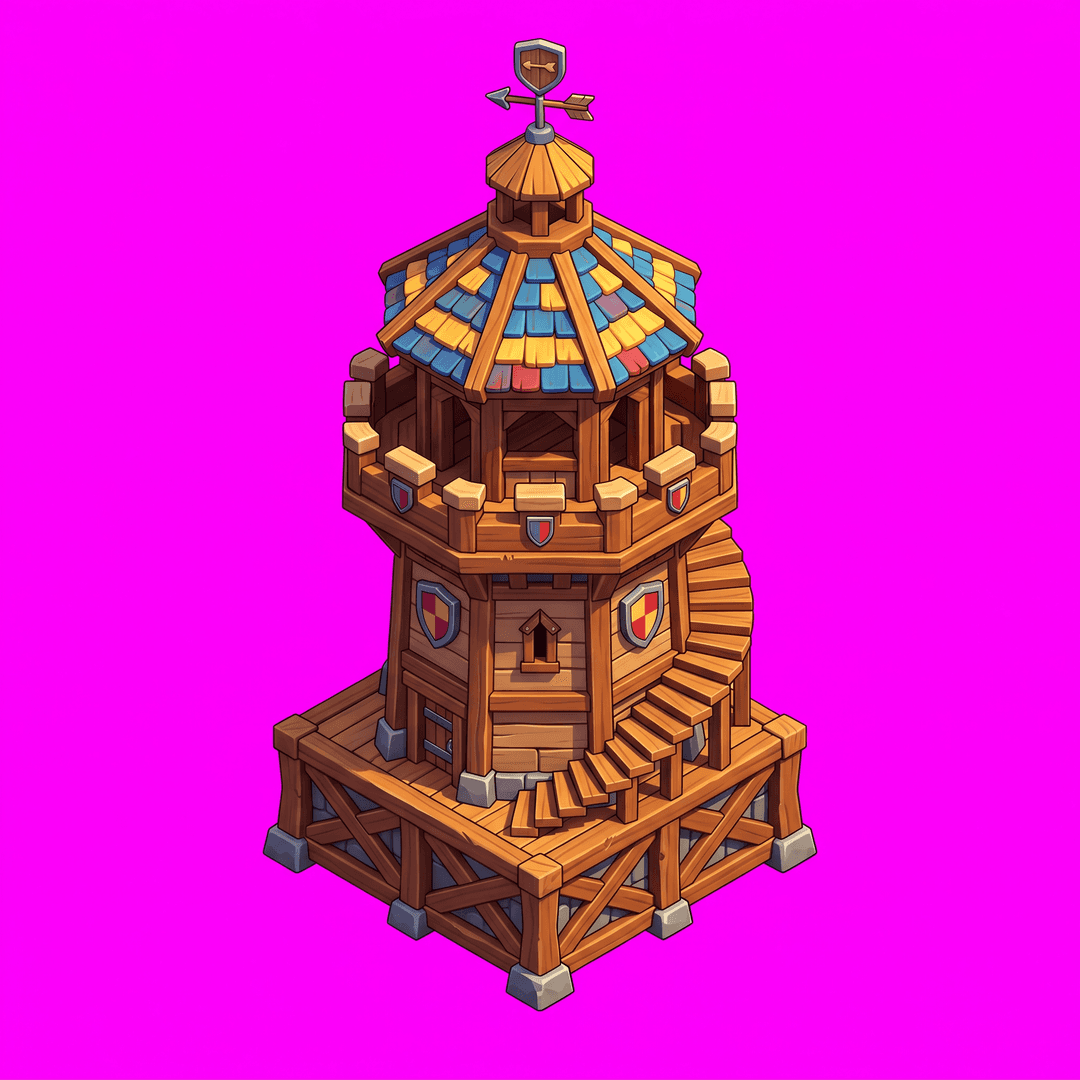 Isometric game asset: archer tower, single object centered, clean stylized low-poly, vibrant art style, light from the upper-left, no ground, no cast shadow, no text, no border. True 2:1 isometric (dimetric) projection at the standard camera angle, never rotated — every footprint edge runs at exactly a 2:1 pixel slope (26.57°). No accidental grass patch, dirt, scenery or terrain under the object. If the design itself includes a platform or base, draw it as a flat true 2:1 isometric diamond whose edges EXACTLY match the tile footprint — same angle, same proportions, corners on the tile corners. Top-down isometric game sprite, designed to occupy a 2×2 tile footprint on an isometric grid — its base is an elongated diamond 2 tiles wide by 2 tiles deep in 2:1 isometric proportions. solid flat pure magenta background, RGB 255 0 255 (#ff00ff), fill the ENTIRE background with this one magenta colour — NOT transparent, NO checkerboard pattern, no gradient.