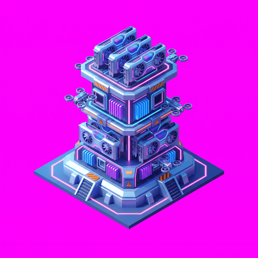 Isometric game asset: futuristic multi gpu drone spawn tower, single object centered, clean stylized low-poly, vibrant art style, light from the upper-left, no ground, no cast shadow, no text, no border. True 2:1 isometric (dimetric) projection at the standard camera angle, never rotated — every footprint edge runs at exactly a 2:1 pixel slope (26.57°). No accidental grass patch, dirt, scenery or terrain under the object. If the design itself includes a platform or base, draw it as a flat true 2:1 isometric diamond whose edges EXACTLY match the tile footprint — same angle, same proportions, corners on the tile corners. Top-down isometric game sprite, designed to occupy a 2×2 tile footprint on an isometric grid — its base is an elongated diamond 2 tiles wide by 2 tiles deep in 2:1 isometric proportions. solid flat pure magenta background, RGB 255 0 255 (#ff00ff), fill the ENTIRE background with this one magenta colour — NOT transparent, NO checkerboard pattern, no gradient.