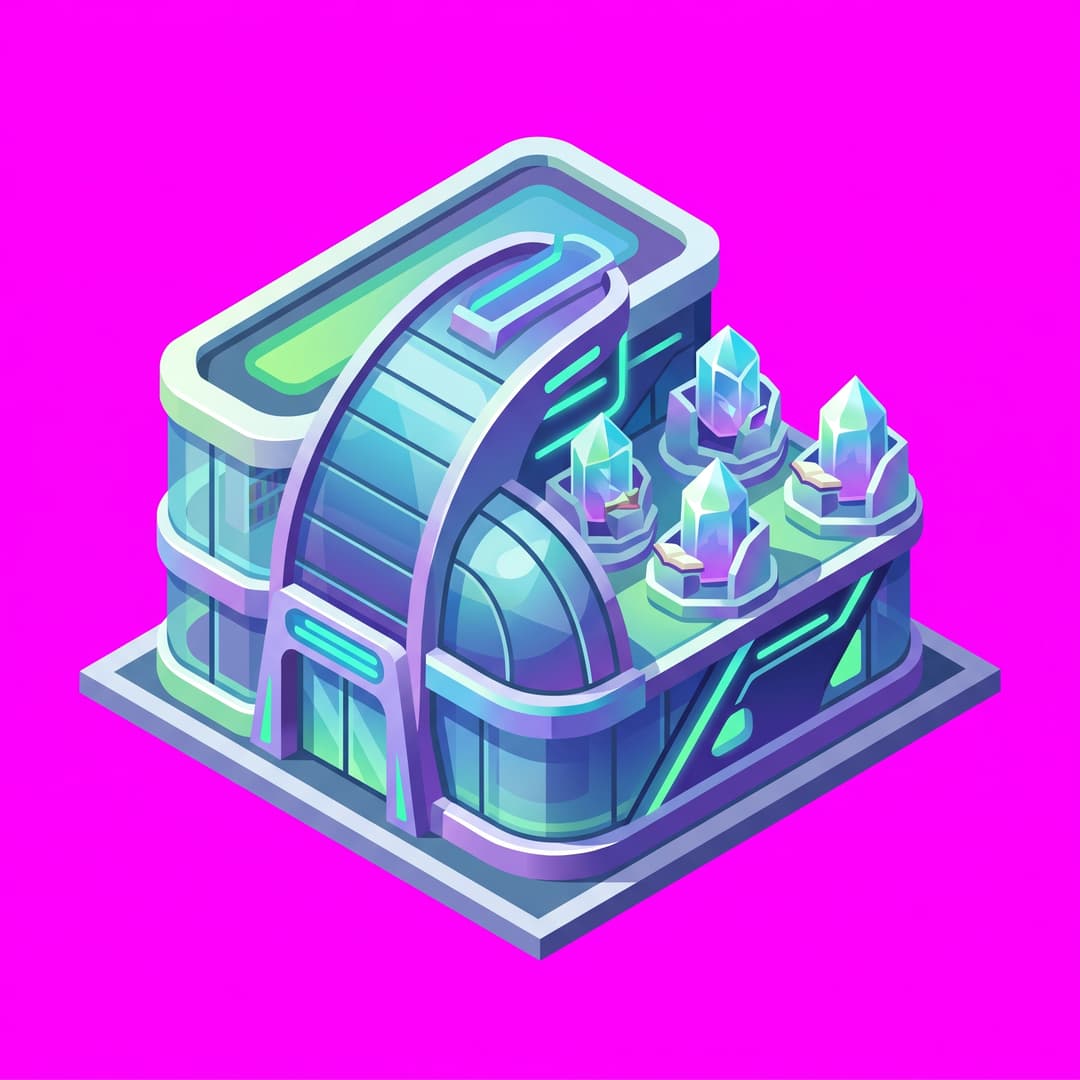 Isometric game asset: futuristic library, single object centered, clean stylized low-poly, vibrant art style, light from the upper-left, no ground, no cast shadow, no text, no border. True 2:1 isometric (dimetric) projection at the standard camera angle, never rotated — every footprint edge runs at exactly a 2:1 pixel slope (26.57°). No accidental grass patch, dirt, scenery or terrain under the object. If the design itself includes a platform or base, draw it as a flat true 2:1 isometric diamond whose edges EXACTLY match the tile footprint — same angle, same proportions, corners on the tile corners. Top-down isometric game sprite, designed to occupy a 2×2 tile footprint on an isometric grid — its base is an elongated diamond 2 tiles wide by 2 tiles deep in 2:1 isometric proportions. solid flat pure magenta background, RGB 255 0 255 (#ff00ff), fill the ENTIRE background with this one magenta colour — NOT transparent, NO checkerboard pattern, no gradient.