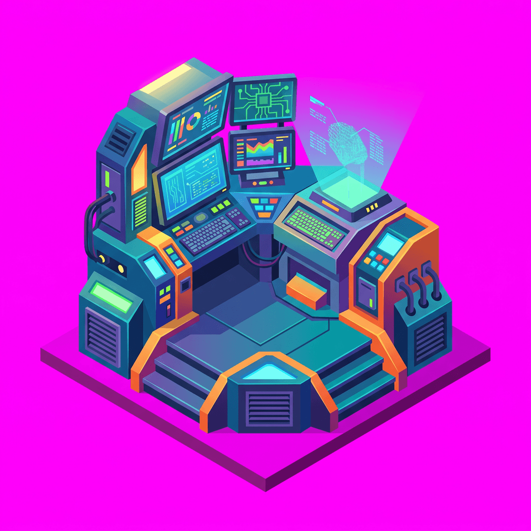 Isometric game asset: futuristic hacker terminal, single object centered, clean stylized low-poly, vibrant art style, light from the upper-left, no ground, no cast shadow, no text, no border. True 2:1 isometric (dimetric) projection at the standard camera angle, never rotated — every footprint edge runs at exactly a 2:1 pixel slope (26.57°). No accidental grass patch, dirt, scenery or terrain under the object. If the design itself includes a platform or base, draw it as a flat true 2:1 isometric diamond whose edges EXACTLY match the tile footprint — same angle, same proportions, corners on the tile corners. Top-down isometric game sprite, designed to occupy a 2×2 tile footprint on an isometric grid — its base is an elongated diamond 2 tiles wide by 2 tiles deep in 2:1 isometric proportions. solid flat pure magenta background, RGB 255 0 255 (#ff00ff), fill the ENTIRE background with this one magenta colour — NOT transparent, NO checkerboard pattern, no gradient.