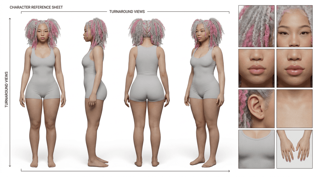 
Create a professional character turnaround and reference sheet based on the reference image. Use the uploaded image as the primary visual reference for the character's identity: proportions, facial features, body shape, hairstyle, and overall design language, while translating it into a clean, neutral, reusable presentation board.

The final image should be arranged like a polished concept art sheet on a pure white studio background: Show the same character in four full body views: front view, side profile, back view, and three-quarter view.

On the right side, include multiple clean detail panels with close-ups of the eyes, upper face, lower face, lips, skin texture, hair detail, and one small clothing or material detail.

Keep the styling neutral and generic so the sheet can be reused as a base template for future adaptations. Simplify anything overly specific, thematic, fantasy-based, branded, culturally tied, or heavily ornamental from the source image into a more universal version while preserving the essence of the character. The outfit should become a clean neutral base outfit with minimal detailing, soft solid tones, and a refined silhouette. No excessive accessories, no dramatic headpieces, no strong lore-specific elements, no heavy decoration unless they are essential to the base identity.

The character should feel balanced, elegant, realistic, and adaptable. Expression should be calm and neutral. Makeup should be subtle and natural. Lighting should be soft, even, and studio clean. The layout should feel like a premium design presentation board used for model sheets, character development, or production reference.

Preserve the core identity from [@Image], but present it in a simplified, neutral, production-ready format that can serve as a universal template for future redesigns.