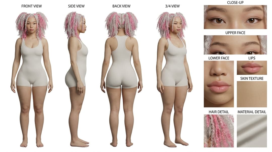
Create a professional character turnaround and reference sheet based on the reference image. Use the uploaded image as the primary visual reference for the character's identity: proportions, facial features, body shape, hairstyle, and overall design language, while translating it into a clean, neutral, reusable presentation board.

The final image should be arranged like a polished concept art sheet on a pure white studio background: Show the same character in four full body views: front view, side profile, back view, and three-quarter view.

On the right side, include multiple clean detail panels with close-ups of the eyes, upper face, lower face, lips, skin texture, hair detail, and one small clothing or material detail.

Keep the styling neutral and generic so the sheet can be reused as a base template for future adaptations. Simplify anything overly specific, thematic, fantasy-based, branded, culturally tied, or heavily ornamental from the source image into a more universal version while preserving the essence of the character. The outfit should become a clean neutral base outfit with minimal detailing, soft solid tones, and a refined silhouette. No excessive accessories, no dramatic headpieces, no strong lore-specific elements, no heavy decoration unless they are essential to the base identity.

The character should feel balanced, elegant, realistic, and adaptable. Expression should be calm and neutral. Makeup should be subtle and natural. Lighting should be soft, even, and studio clean. The layout should feel like a premium design presentation board used for model sheets, character development, or production reference.

Preserve the core identity from [@Image], but present it in a simplified, neutral, production-ready format that can serve as a universal template for future redesigns.