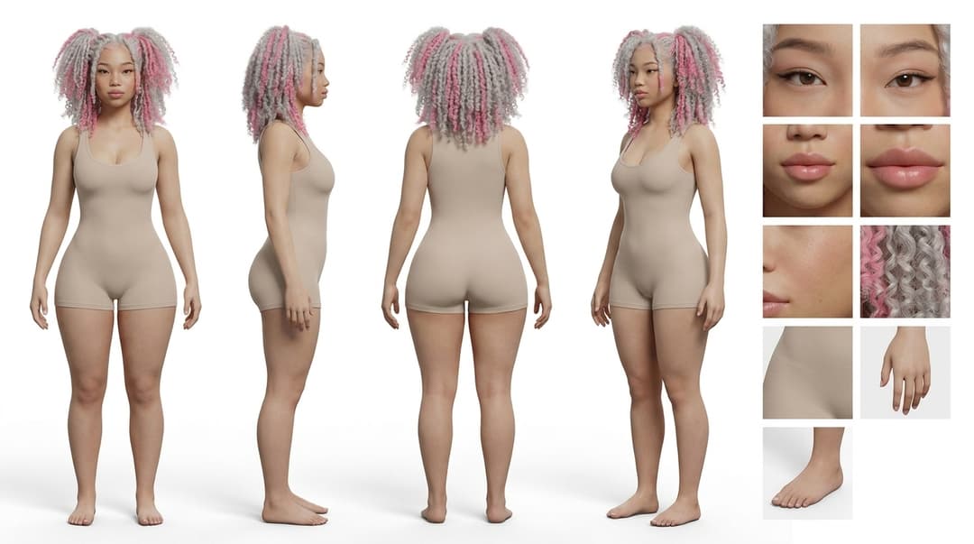 
Create a professional character turnaround and reference sheet based on the reference image. Use the uploaded image as the primary visual reference for the character's identity: proportions, facial features, body shape, hairstyle, and overall design language, while translating it into a clean, neutral, reusable presentation board.

The final image should be arranged like a polished concept art sheet on a pure white studio background: Show the same character in four full body views: front view, side profile, back view, and three-quarter view.

On the right side, include multiple clean detail panels with close-ups of the eyes, upper face, lower face, lips, skin texture, hair detail, and one small clothing or material detail.

Keep the styling neutral and generic so the sheet can be reused as a base template for future adaptations. Simplify anything overly specific, thematic, fantasy-based, branded, culturally tied, or heavily ornamental from the source image into a more universal version while preserving the essence of the character. The outfit should become a clean neutral base outfit with minimal detailing, soft solid tones, and a refined silhouette. No excessive accessories, no dramatic headpieces, no strong lore-specific elements, no heavy decoration unless they are essential to the base identity.

The character should feel balanced, elegant, realistic, and adaptable. Expression should be calm and neutral. Makeup should be subtle and natural. Lighting should be soft, even, and studio clean. The layout should feel like a premium design presentation board used for model sheets, character development, or production reference.

Preserve the core identity from [@Image], but present it in a simplified, neutral, production-ready format that can serve as a universal template for future redesigns.