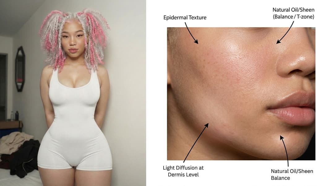 Add a dedicated high-resolution skin study panel to the reference sheet. Show a zoomed macro crop of the cheek and jaw area revealing realistic subsurface scattering, natural pore distribution, micro-texture variation, and subtle skin translucency. Include callout notes or arrows pointing to: epidermal texture, light diffusion at the dermis level, and natural oil/sheen balance across the T-zone. Skin should read as living tissue — not plastic, not airbrushed into oblivion. Keep the same soft studio lighting so specular highlights reveal texture without harshness. No makeup overlay in this panel; show raw skin fidelity.